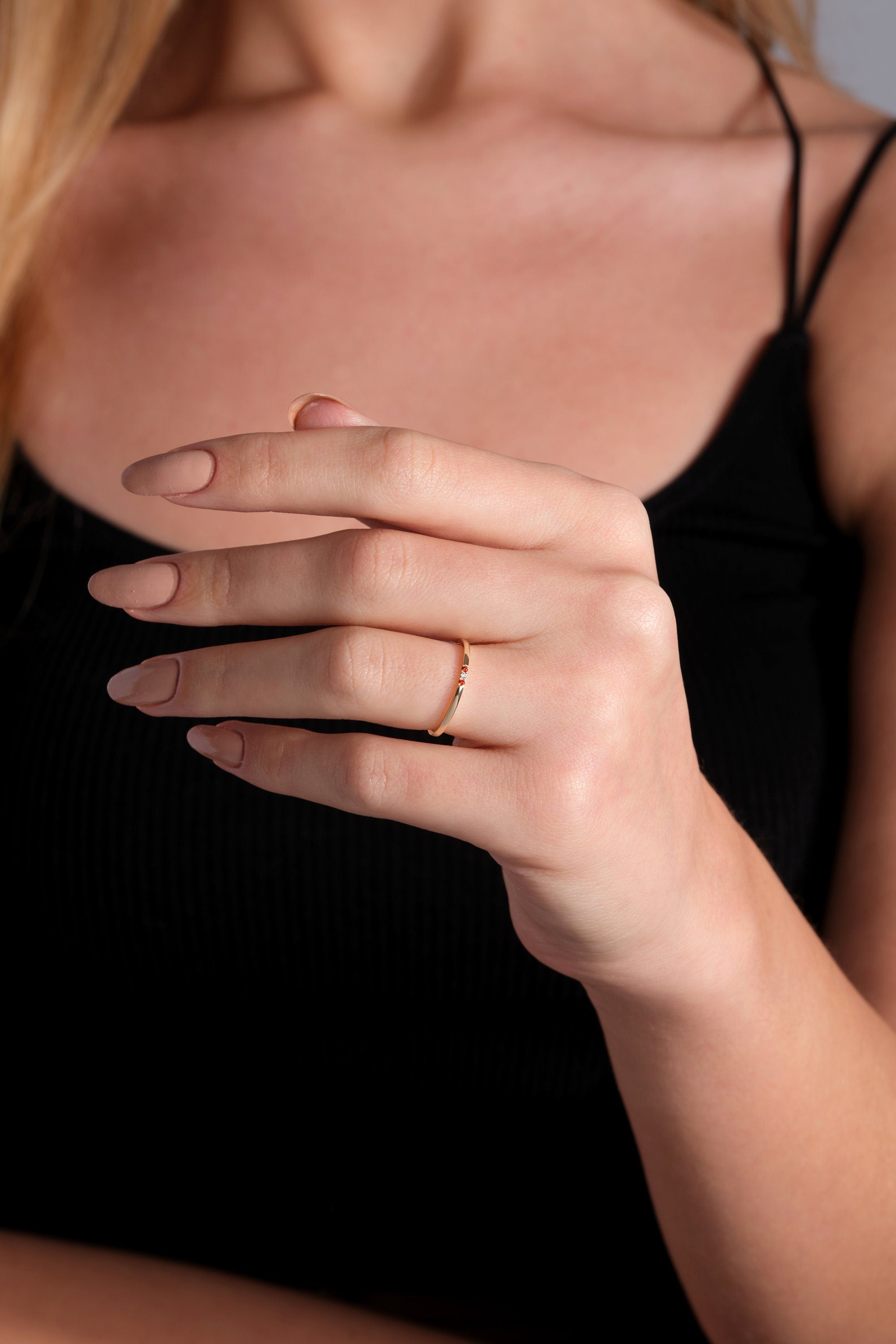 Minimalist Garnet Ring Delicate Gold Band