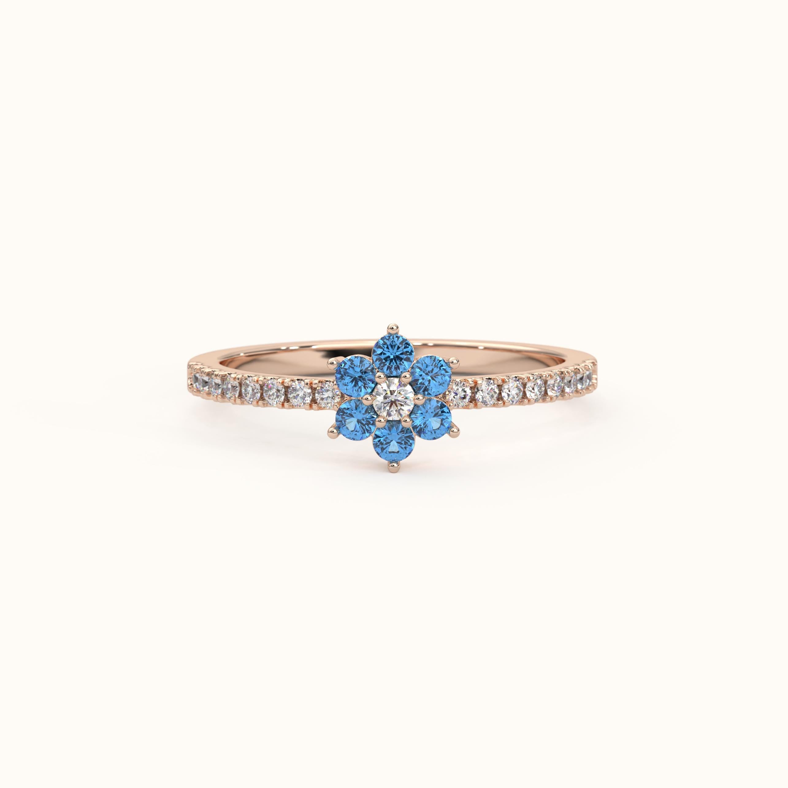 Blue Topaz Ring Solid Gold Floral Cluster