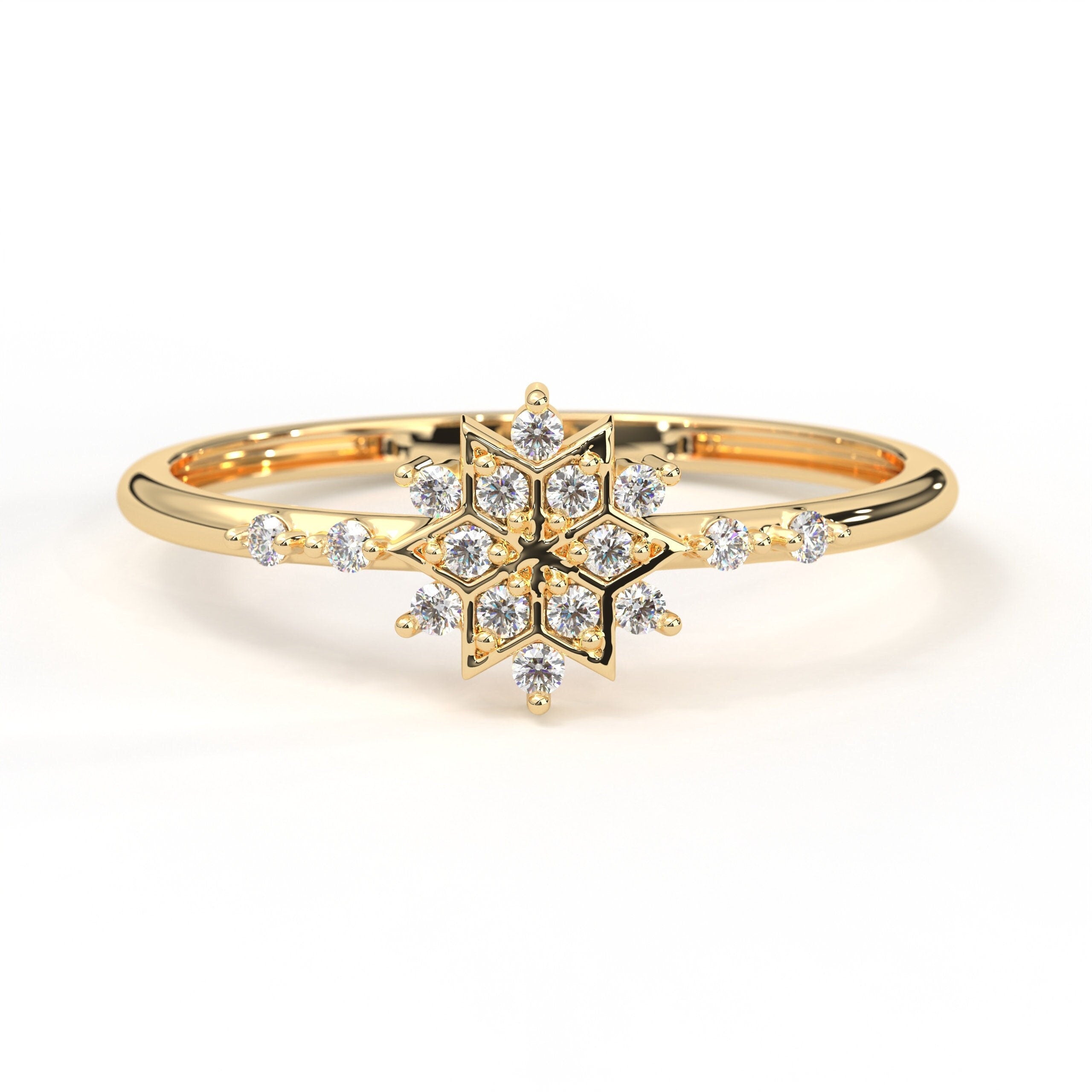 14k Solid Gold Snowflake Christmas Ring, Dainty Diamond Unique Artful Gold Ring, Vintage Propose Ring, Floral CZ Ring, Bridal Shower Jewelry