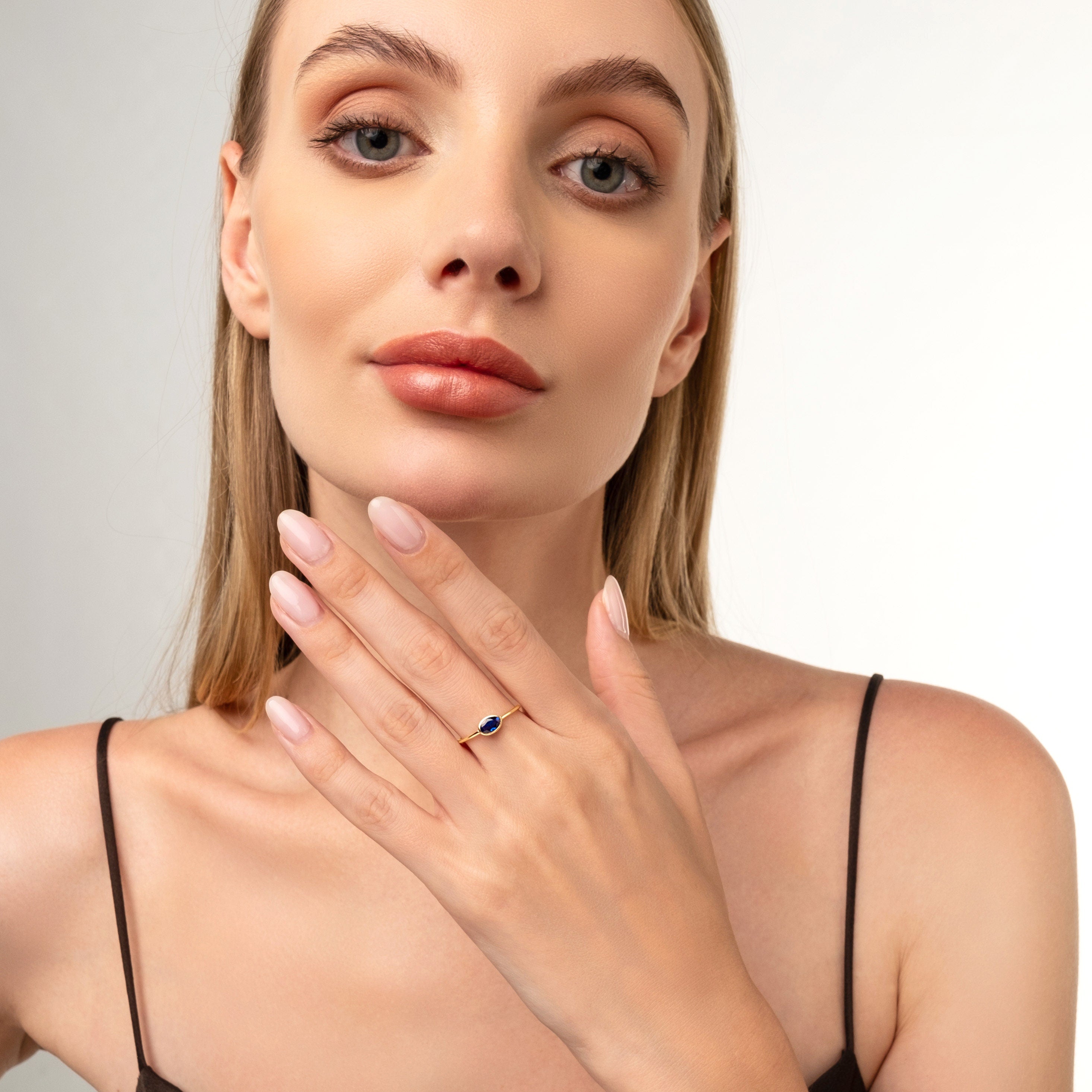 Oval Bezel Set Sapphire Solid Gold Ring