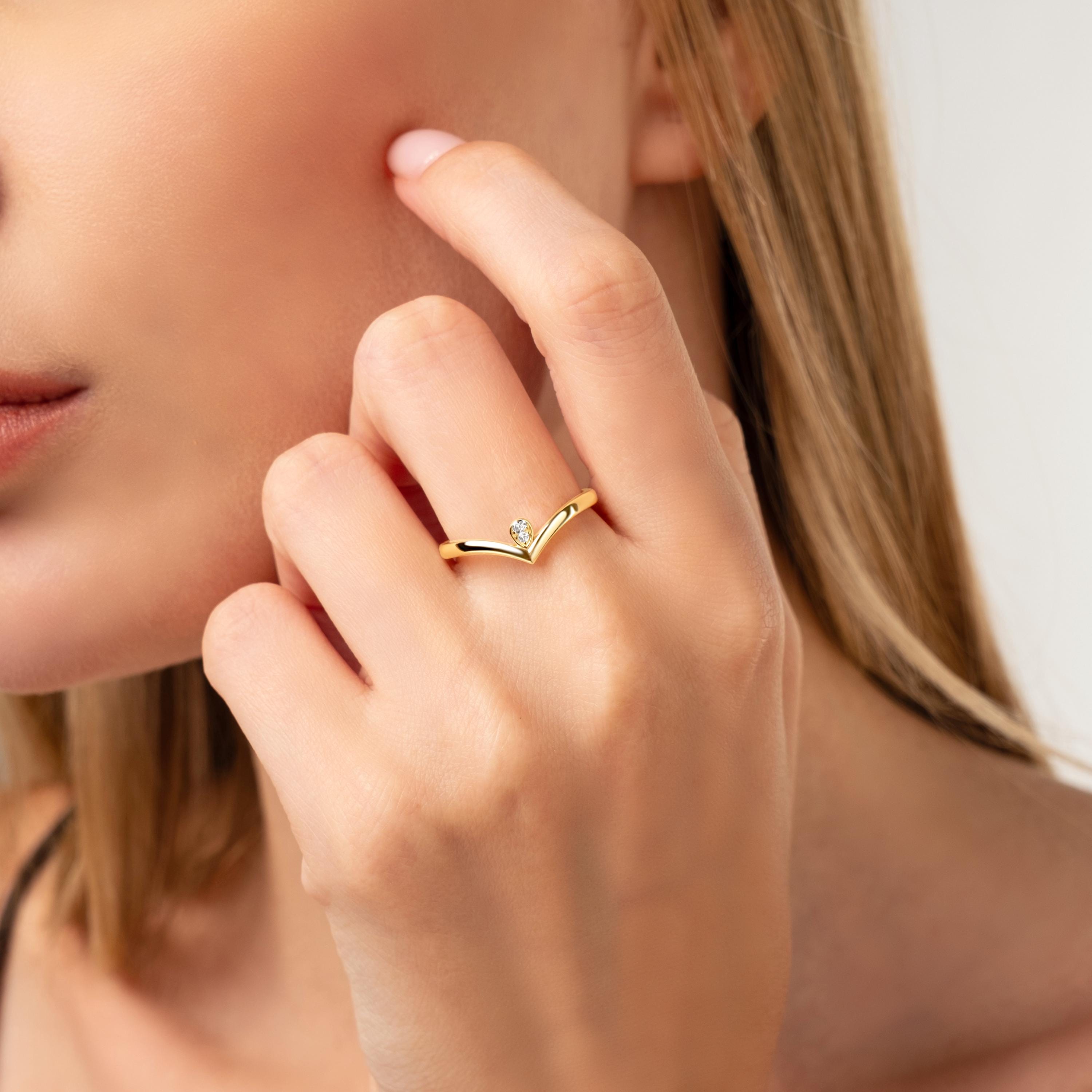 Solid Gold Chevron Ring Stackable Band