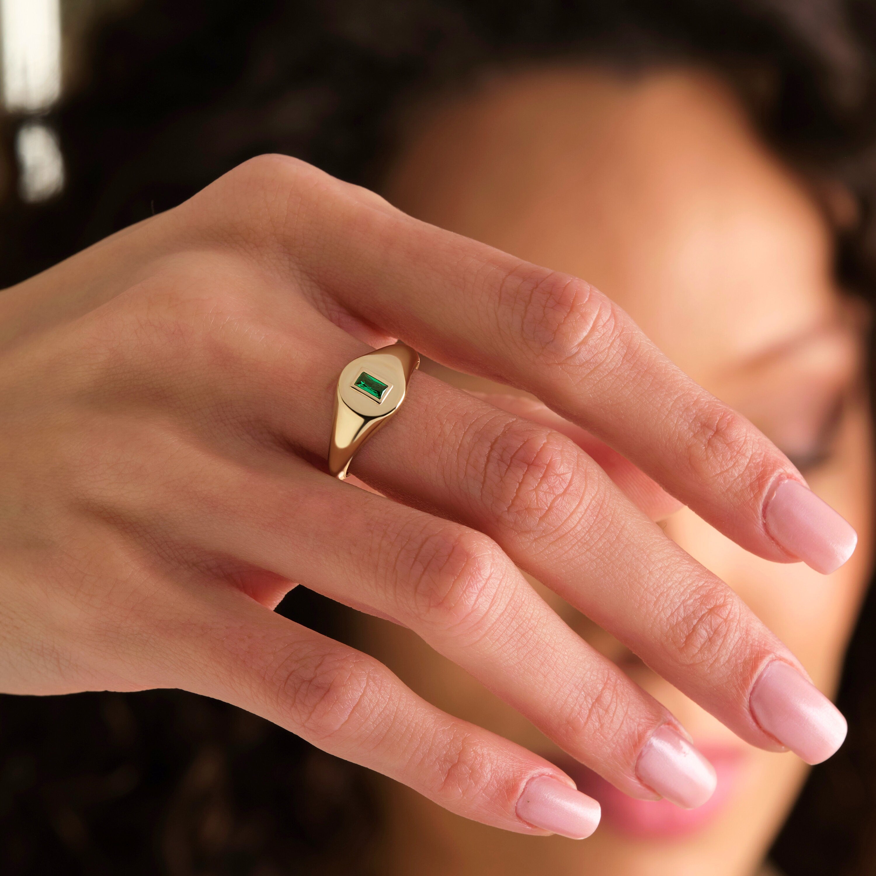 Emerald Signet Ring Solid Gold Classic Elegant