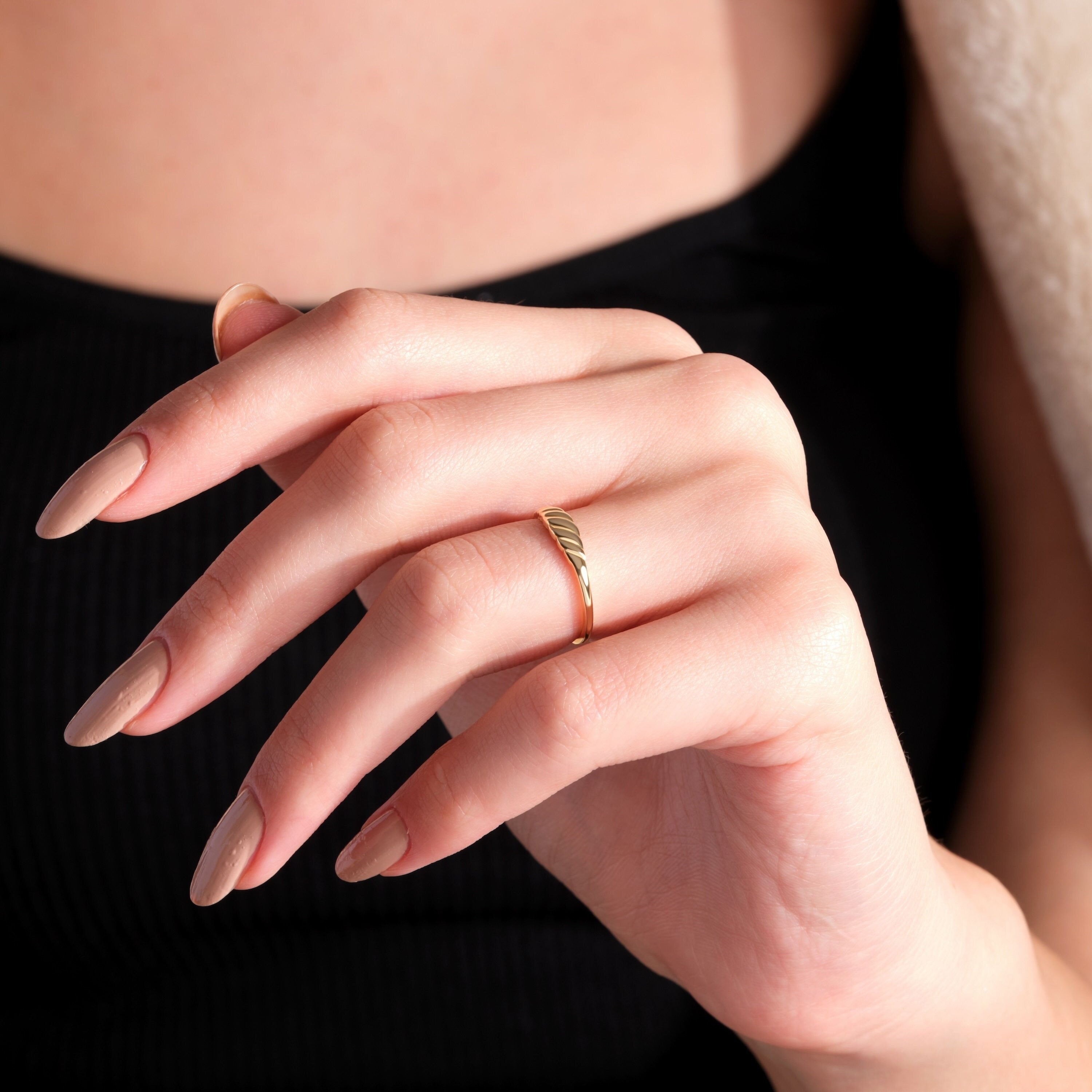 Gold Croissant Ring Twisted Stacking Band