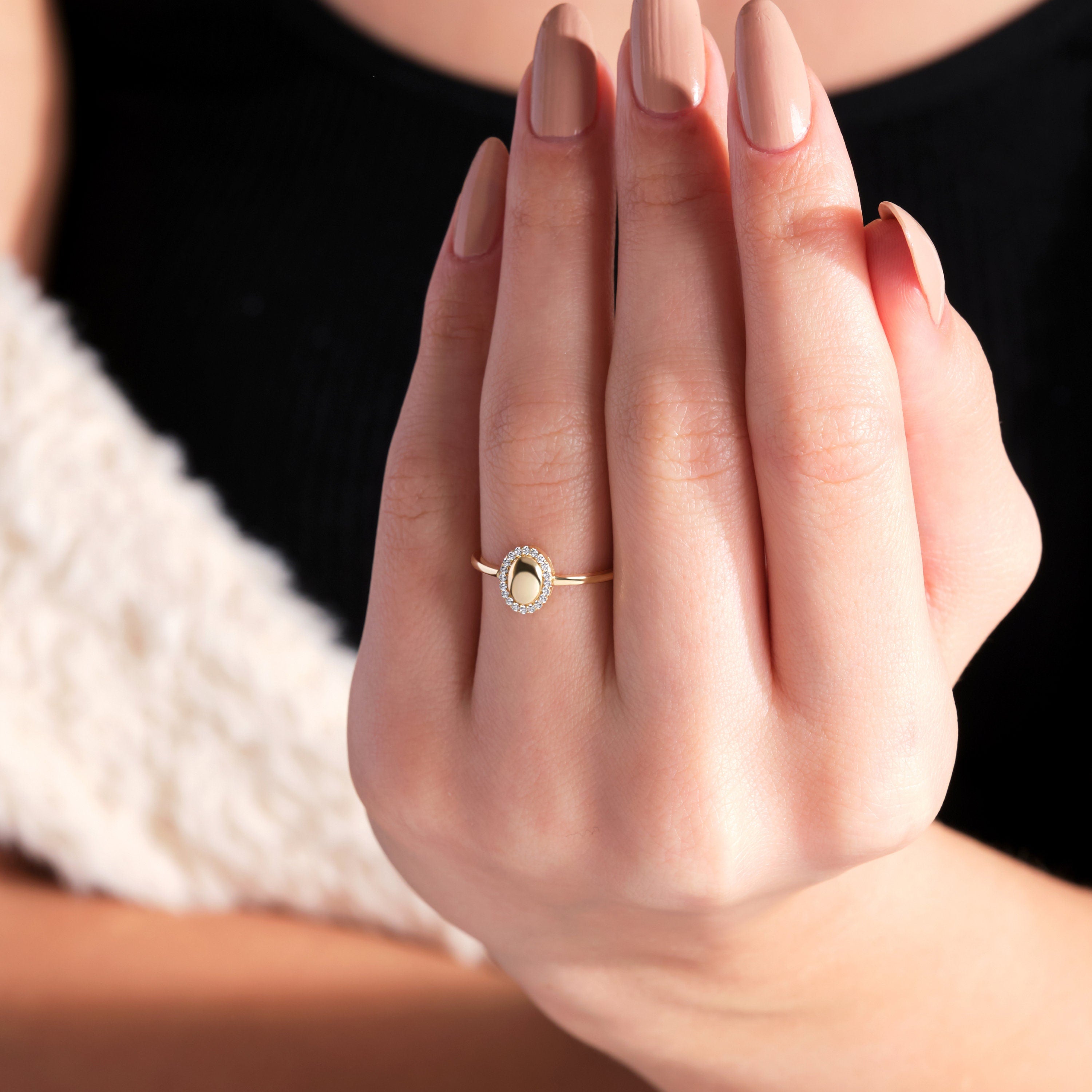 Oval Pave Diamond Gold Initial Signet Ring