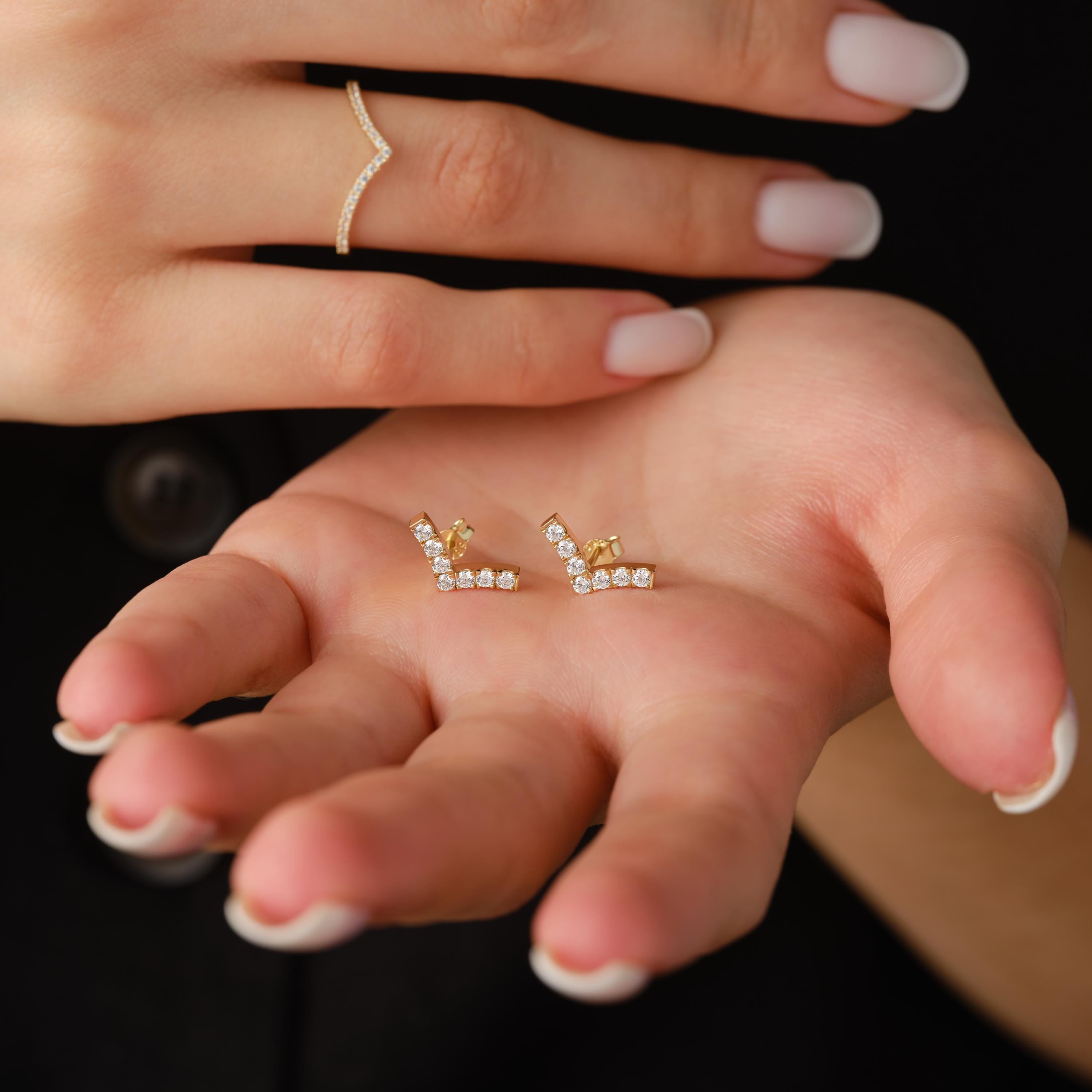 Solid Gold Ring and V Shaped Diamond Earrings