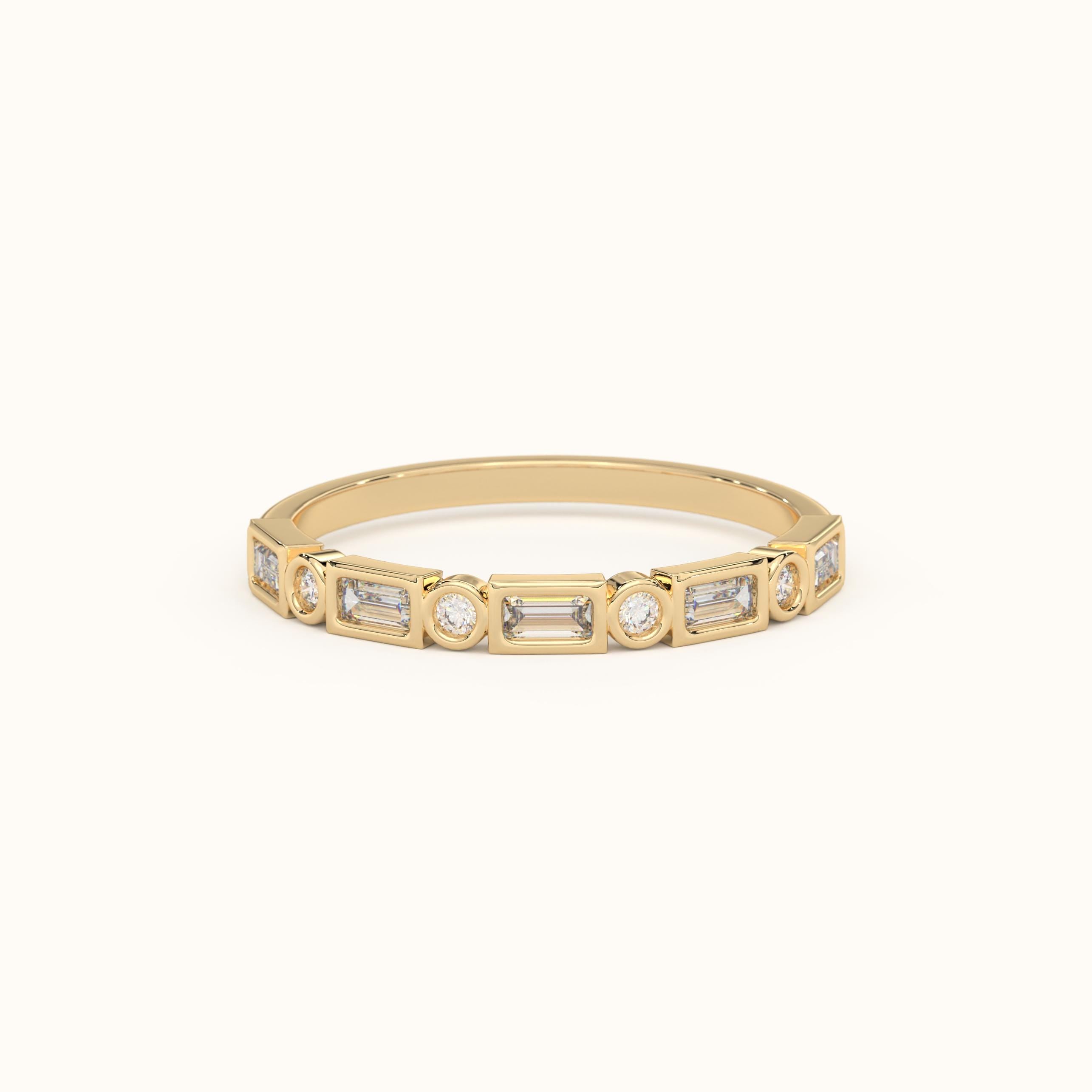 Bezel Setting Wedding Ring Solid Gold Baguette Diamond Band