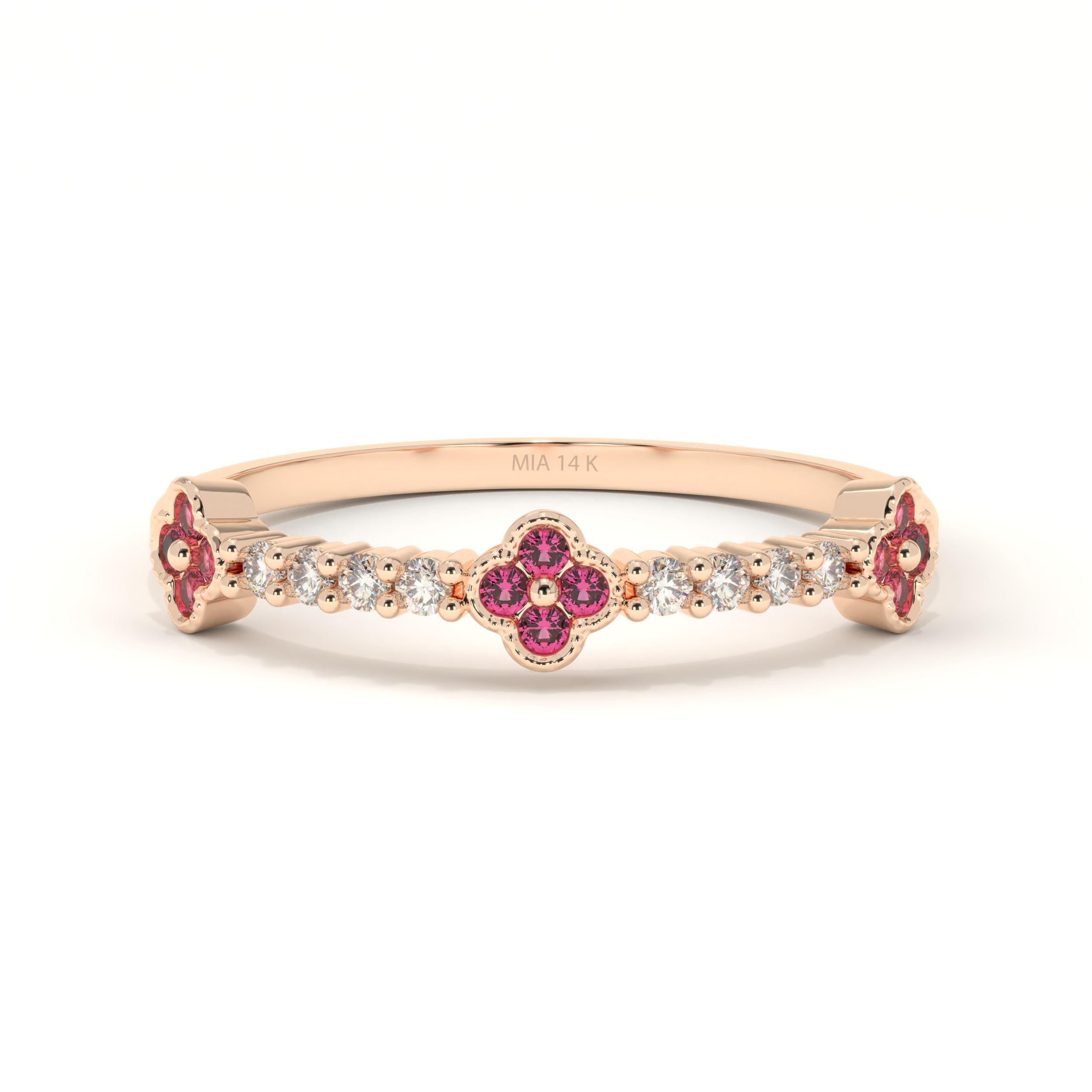 Ruby Clover Ring Solid Gold Floral Band