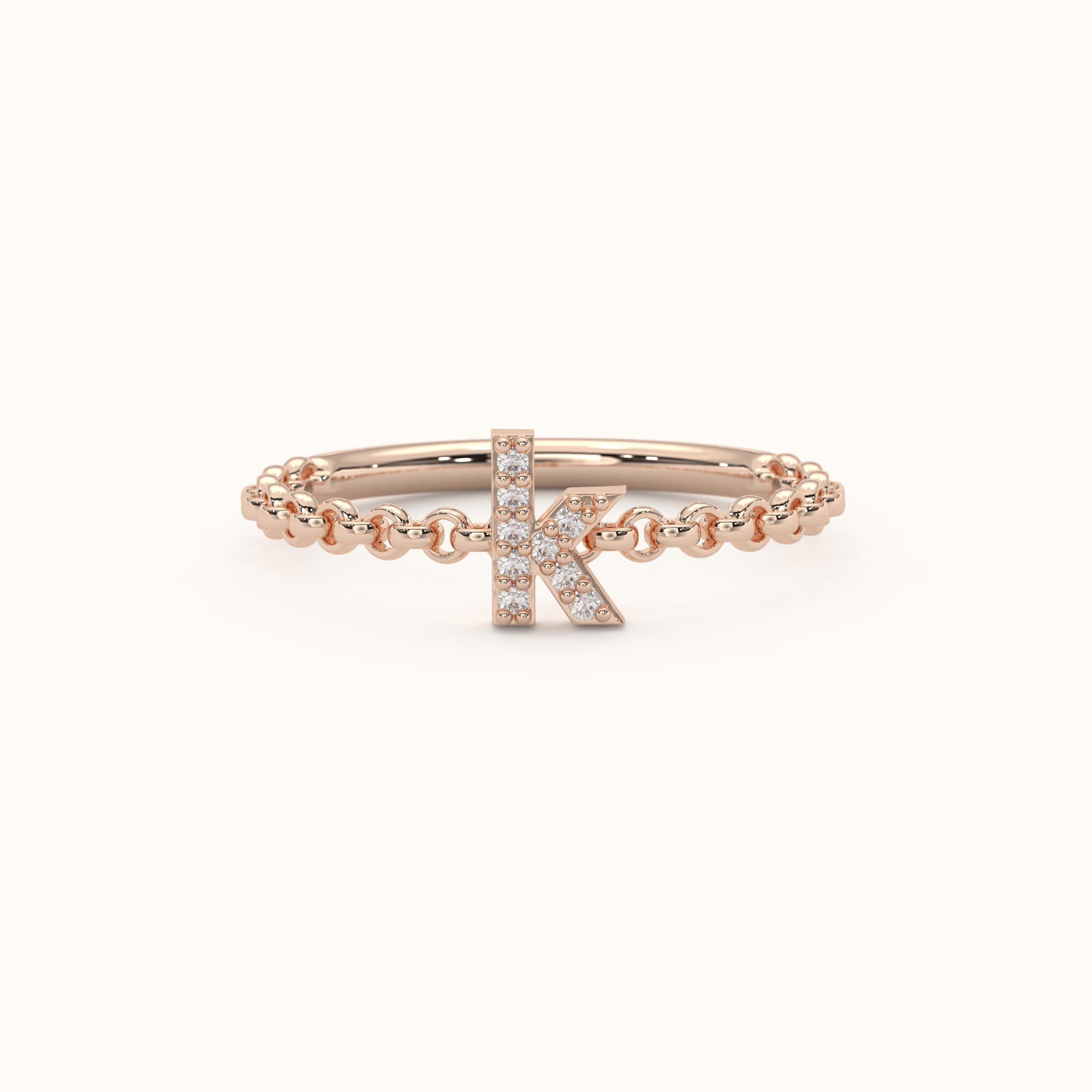 Gold Initial Ring Dainty Diamond Chain Band
