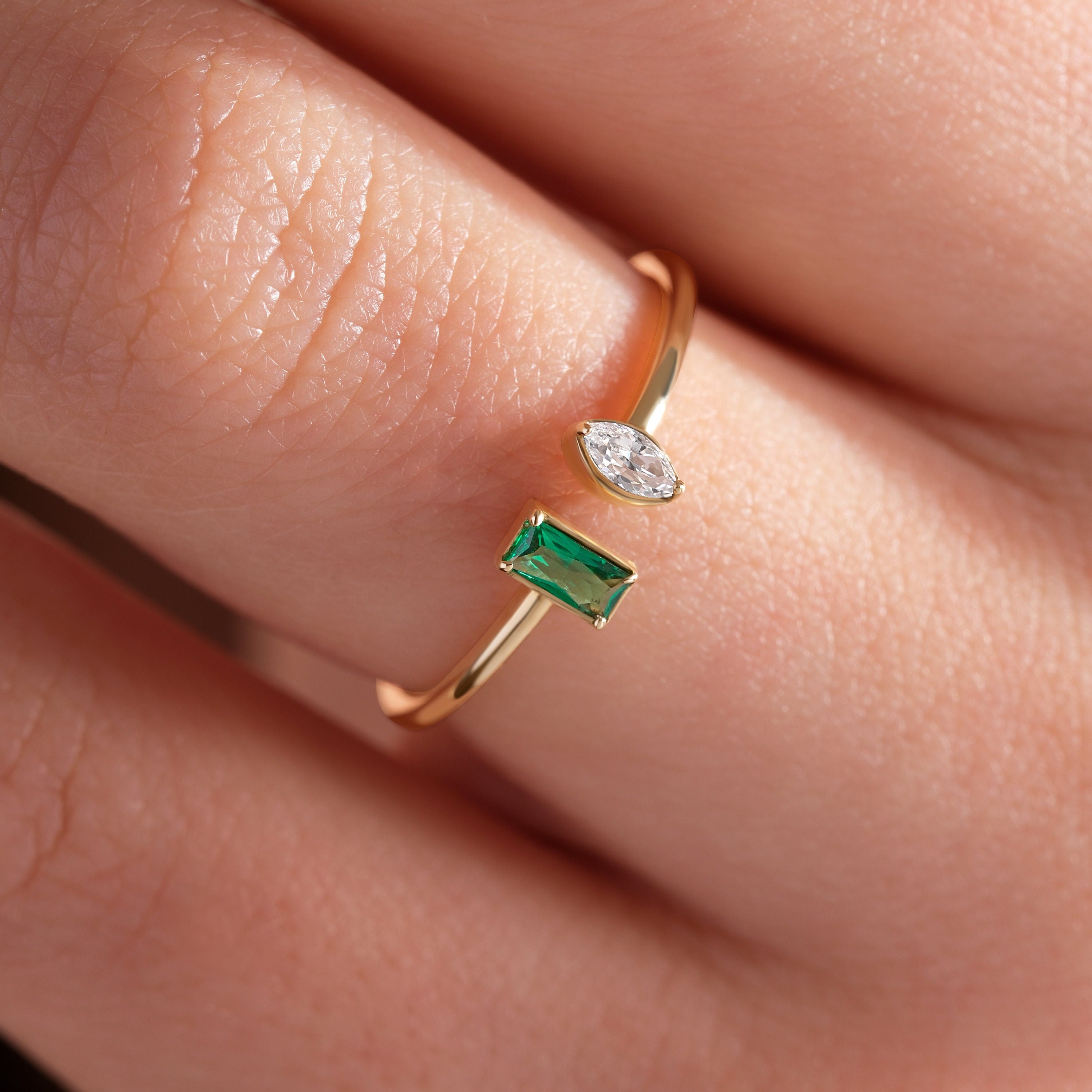 Emerald Diamond Ring Open Design Solid Gold