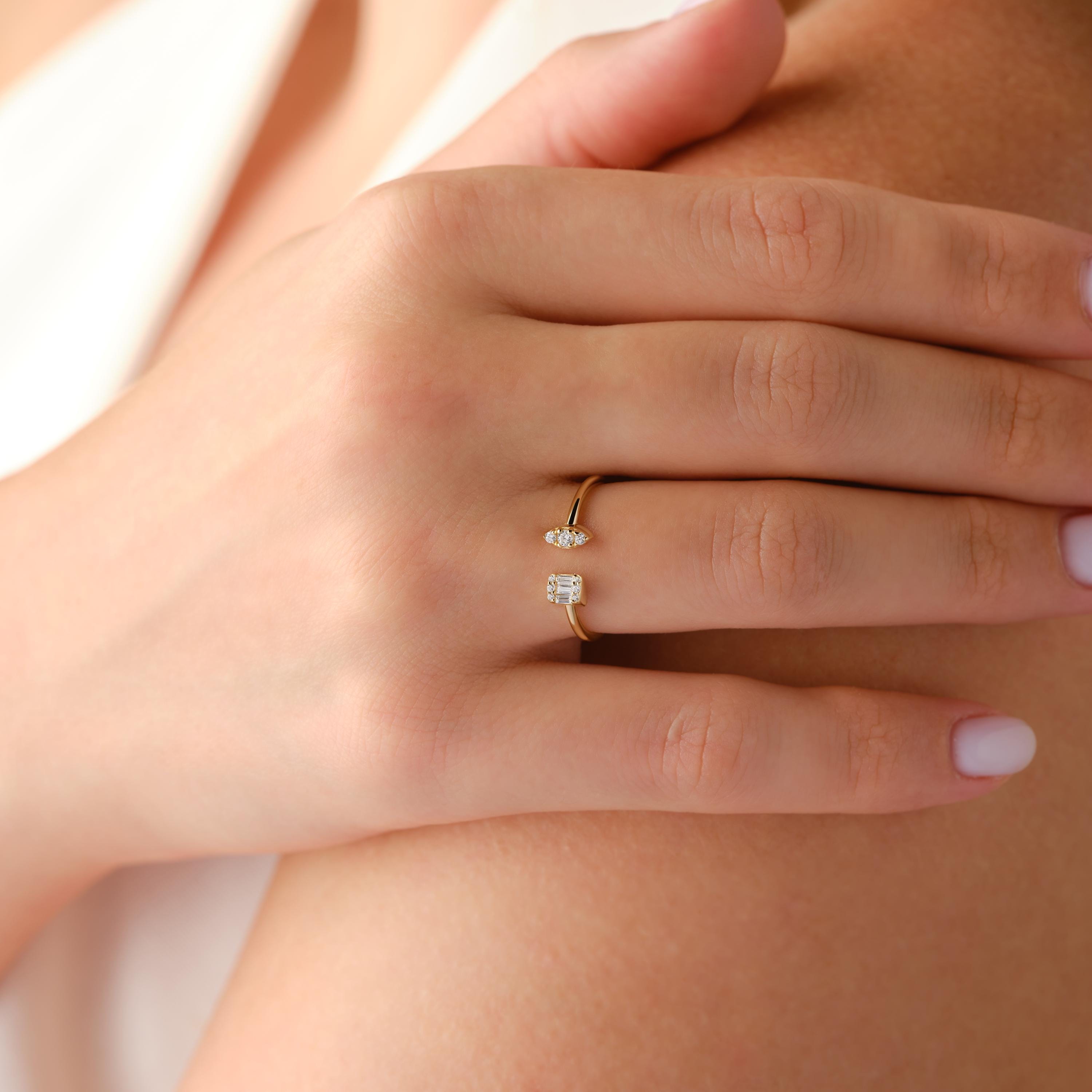 Open Cuff Gold Ring Solid Gold Band Diamond Cluster