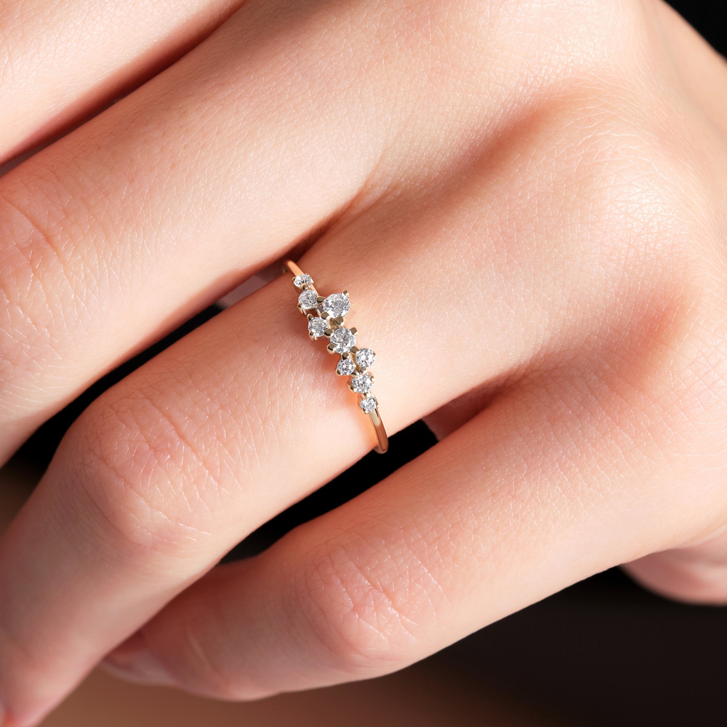 Cluster Diamond Ring Solid Gold Minimalist Band