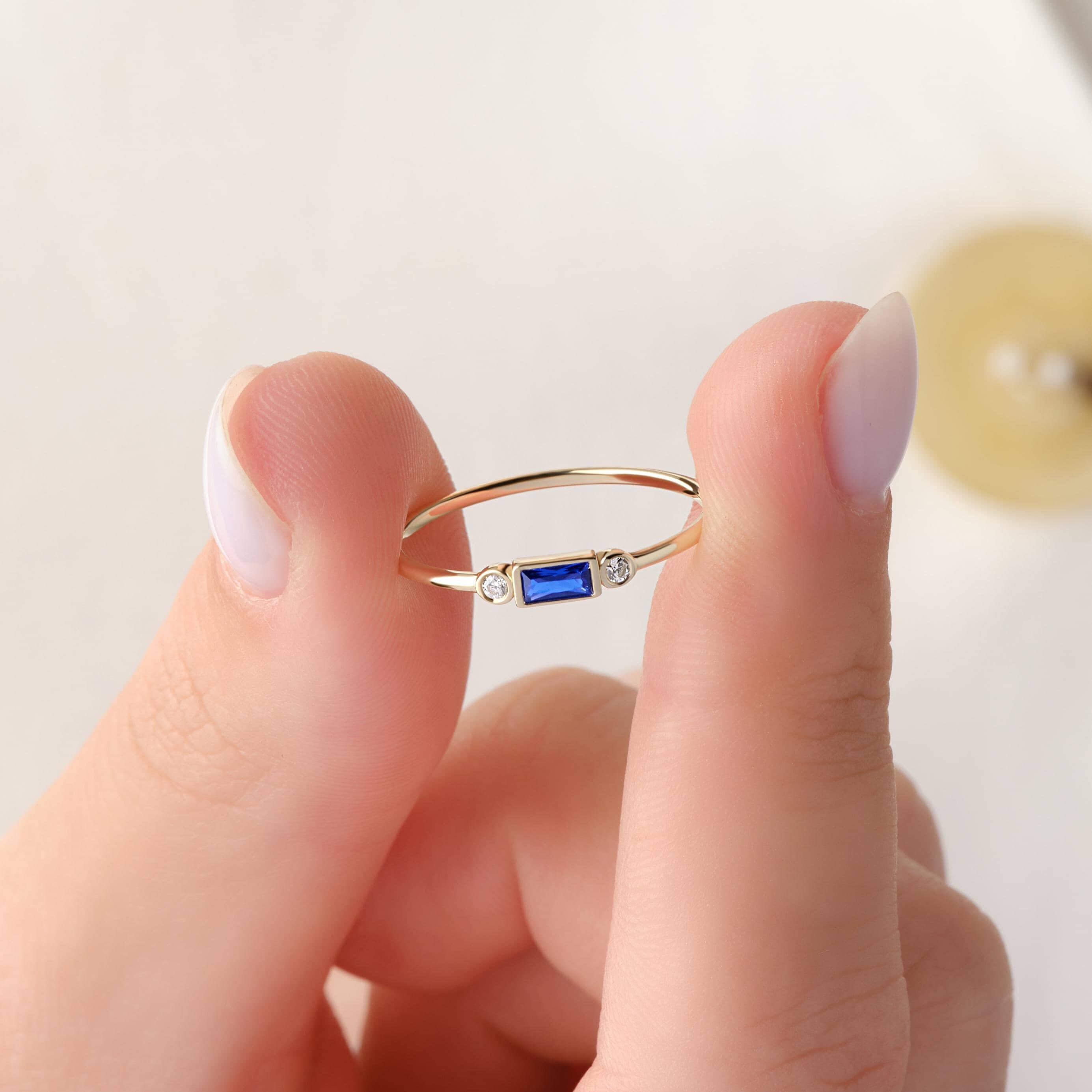 Bezel Sapphire Ring Dainty Blue Birthstone