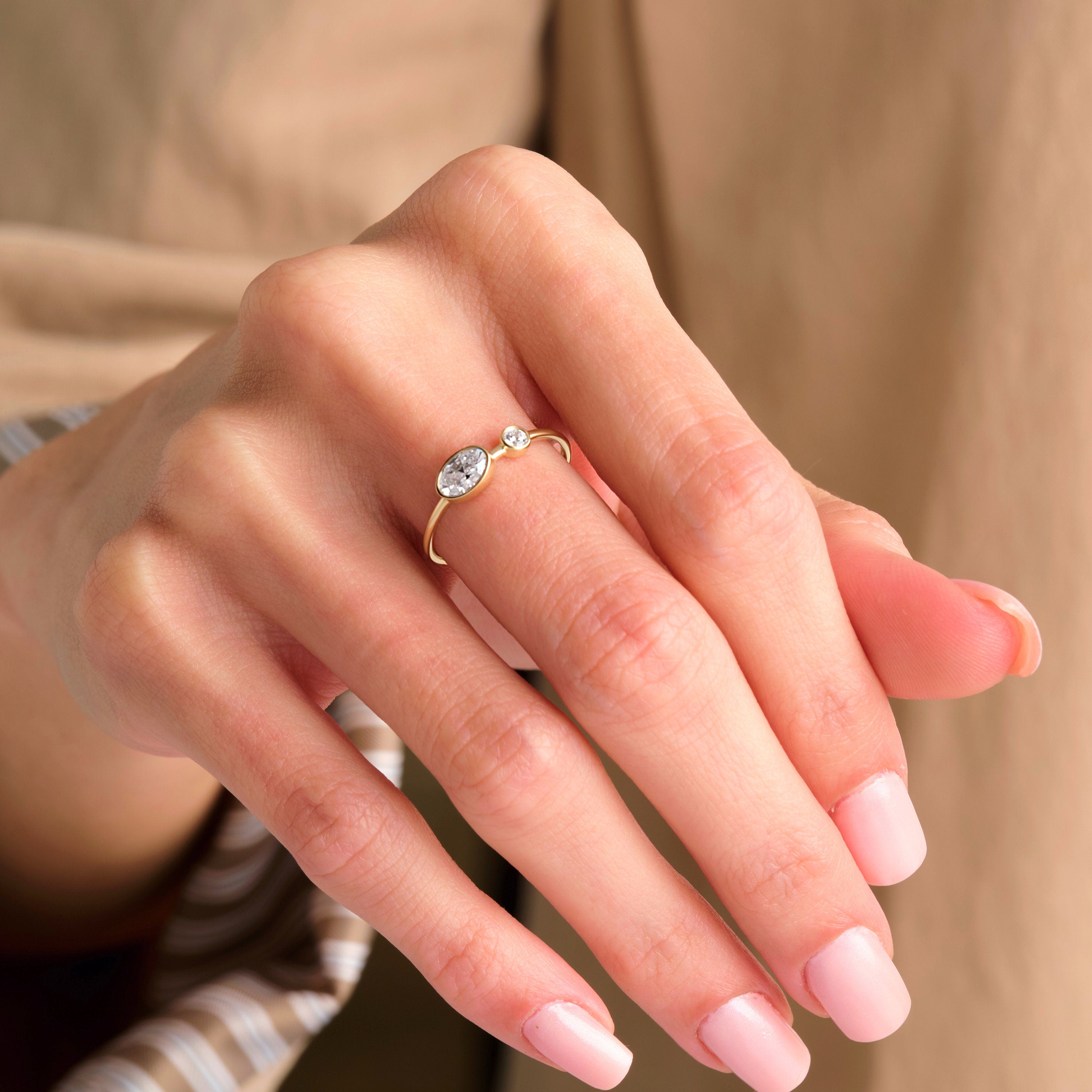 14K Gold Diamond Ring Bezel Set Oval Two Stone