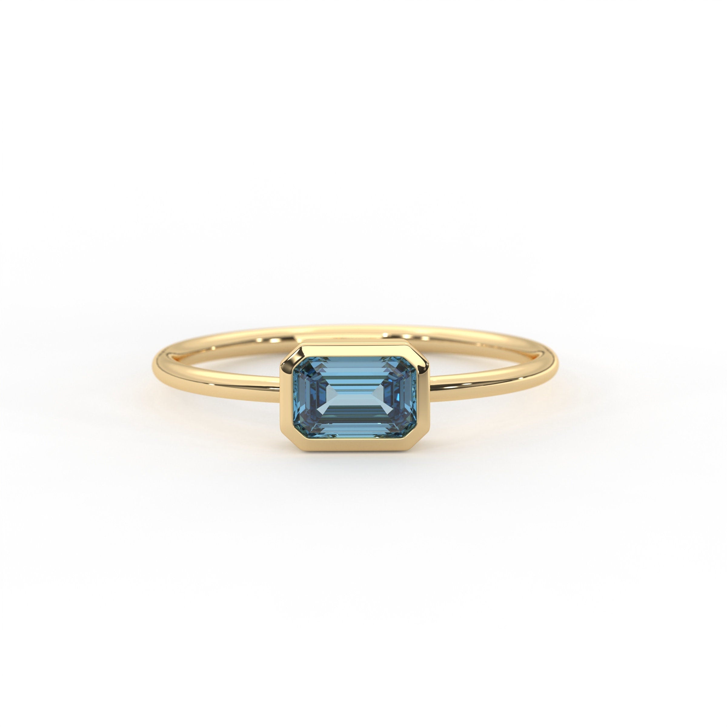 Blue Topaz Ring Bezel Set Emerald Cut Solid Gold