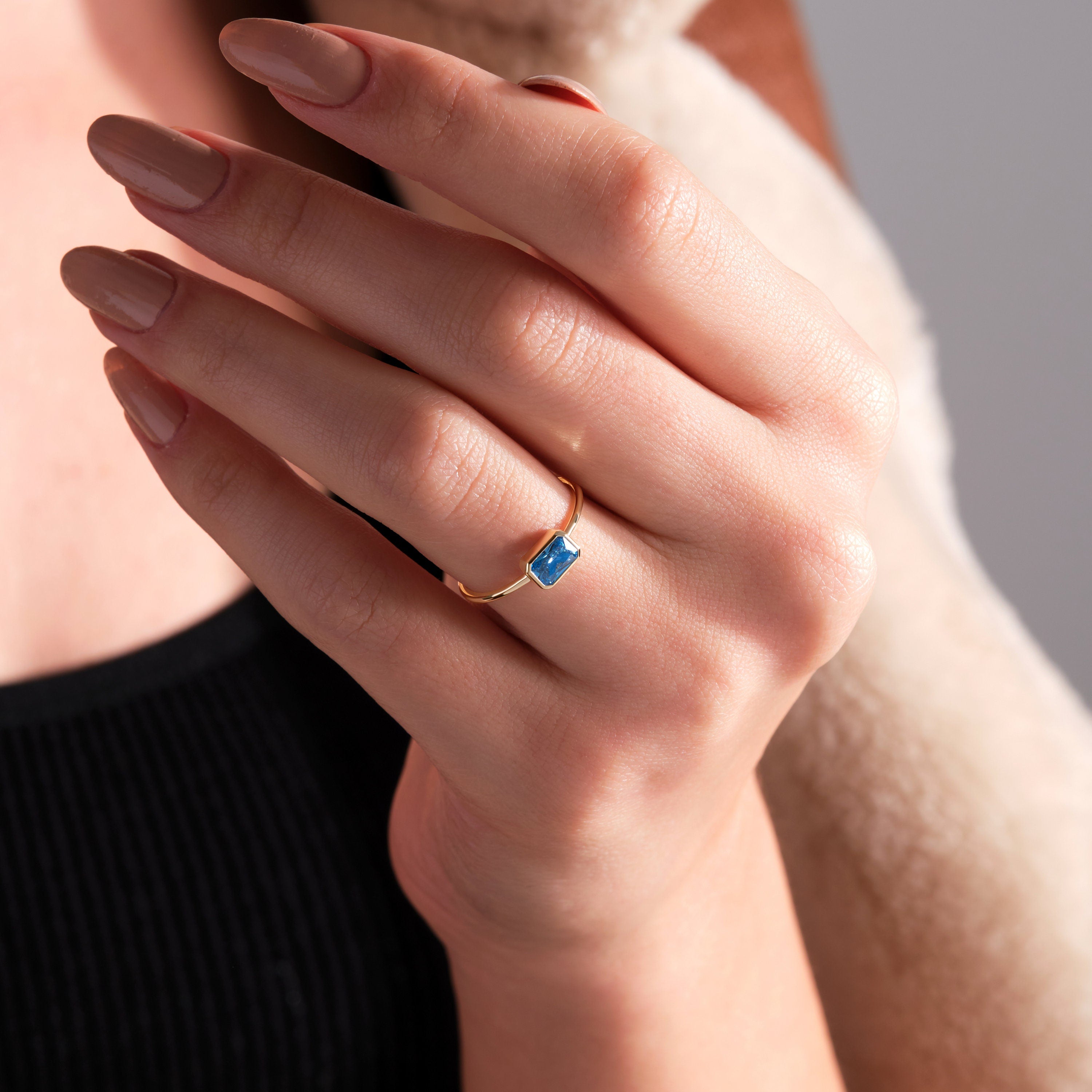 Blue Topaz Ring Bezel Set Emerald Cut Solid Gold