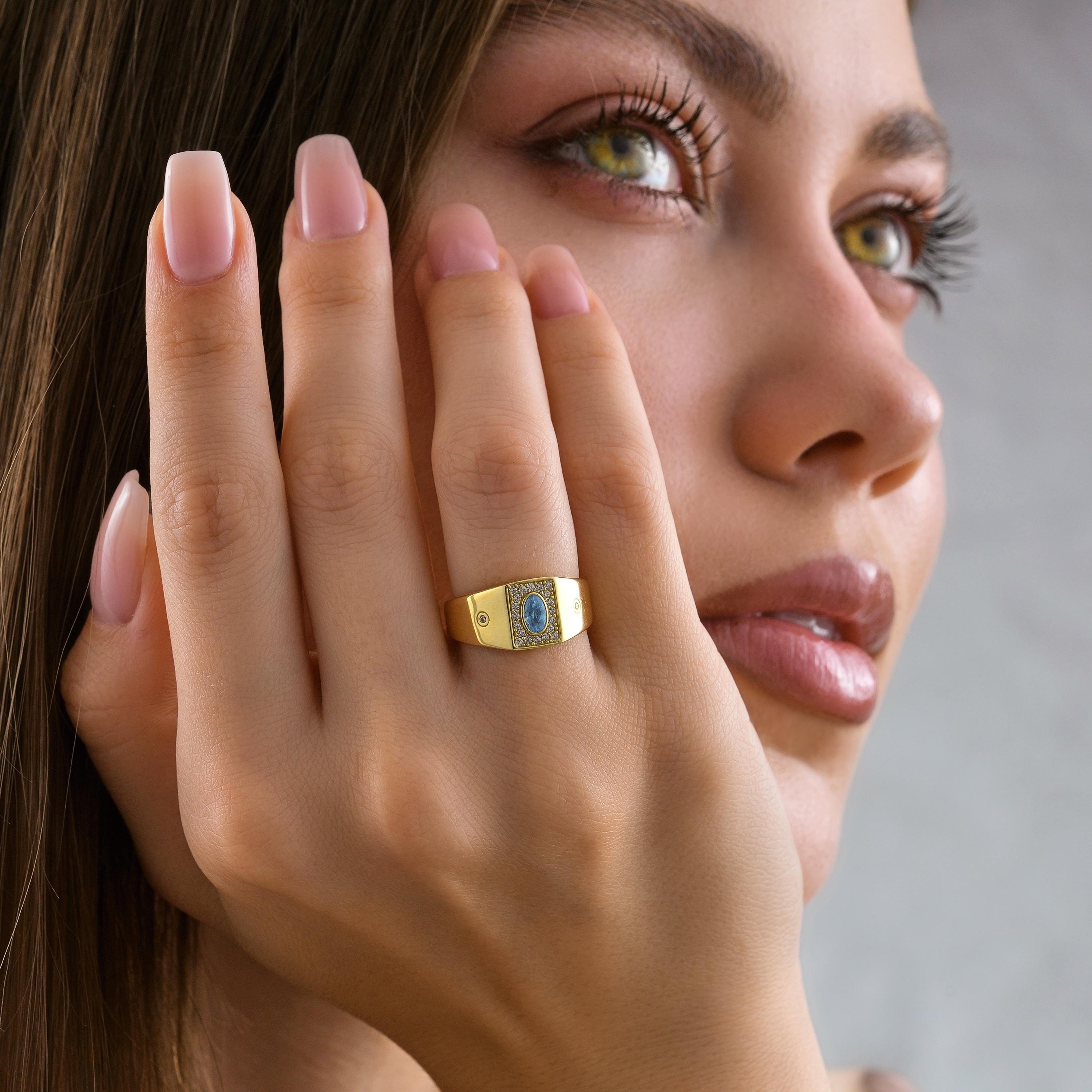 Oval Aquamarine Ring Solid Gold Wide Band Pave Halo