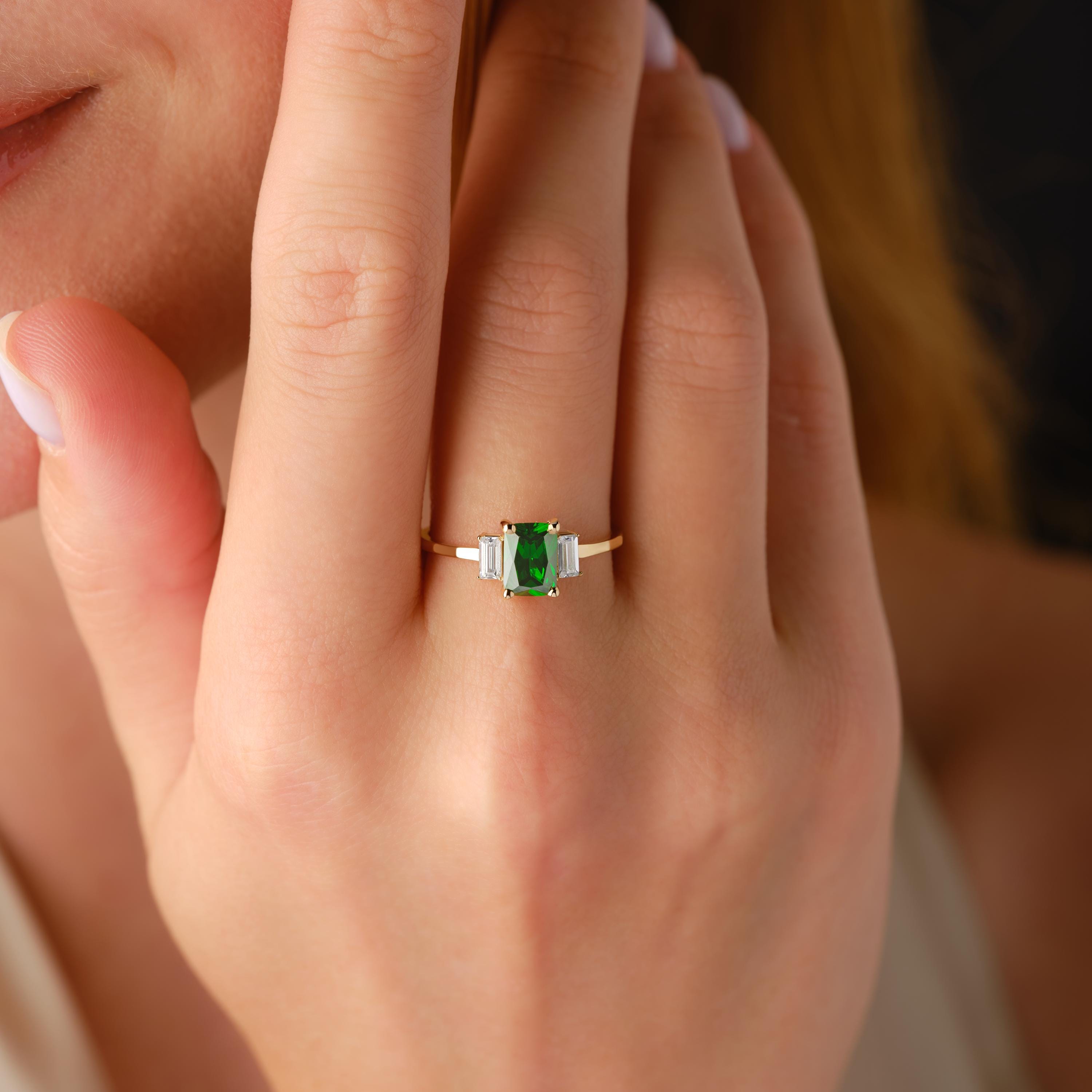 Three Stone Solid Gold Emerald Engagement Ring