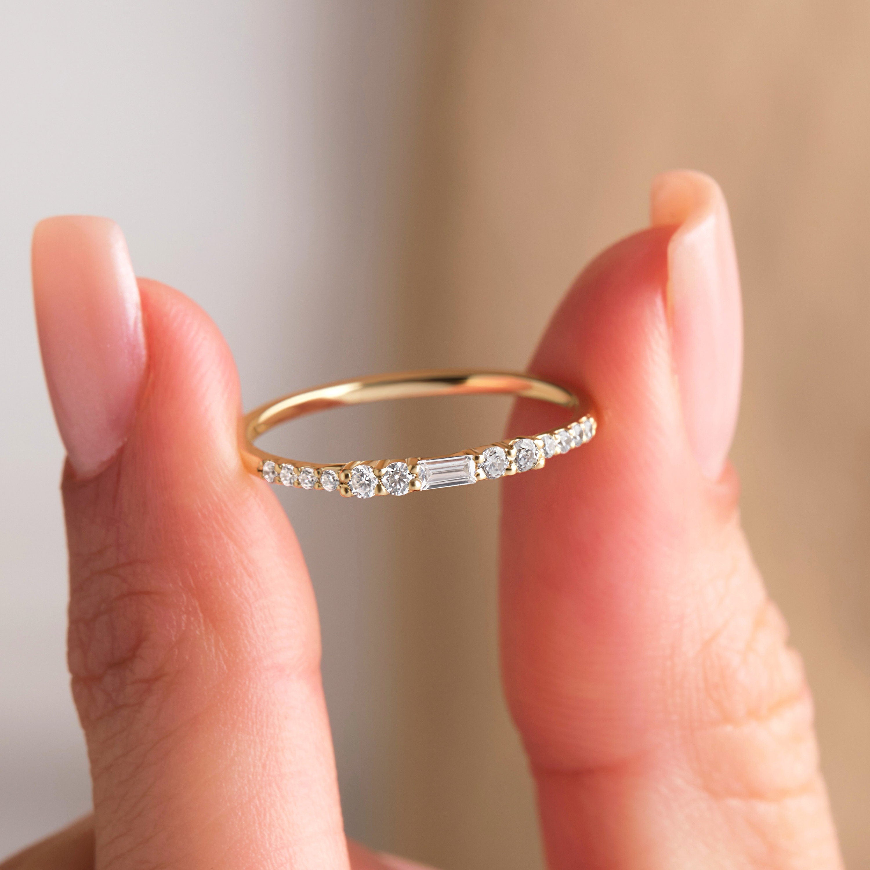 Solid Gold Stacking Ring Delicate Baguette Diamond