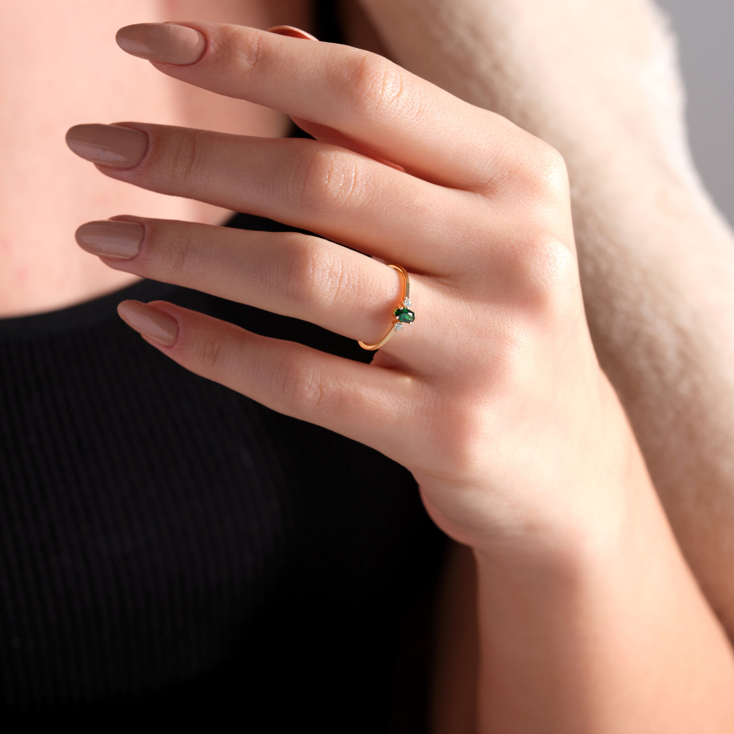 Solid Gold Emerald Ring Dainty Three Stone Stacking