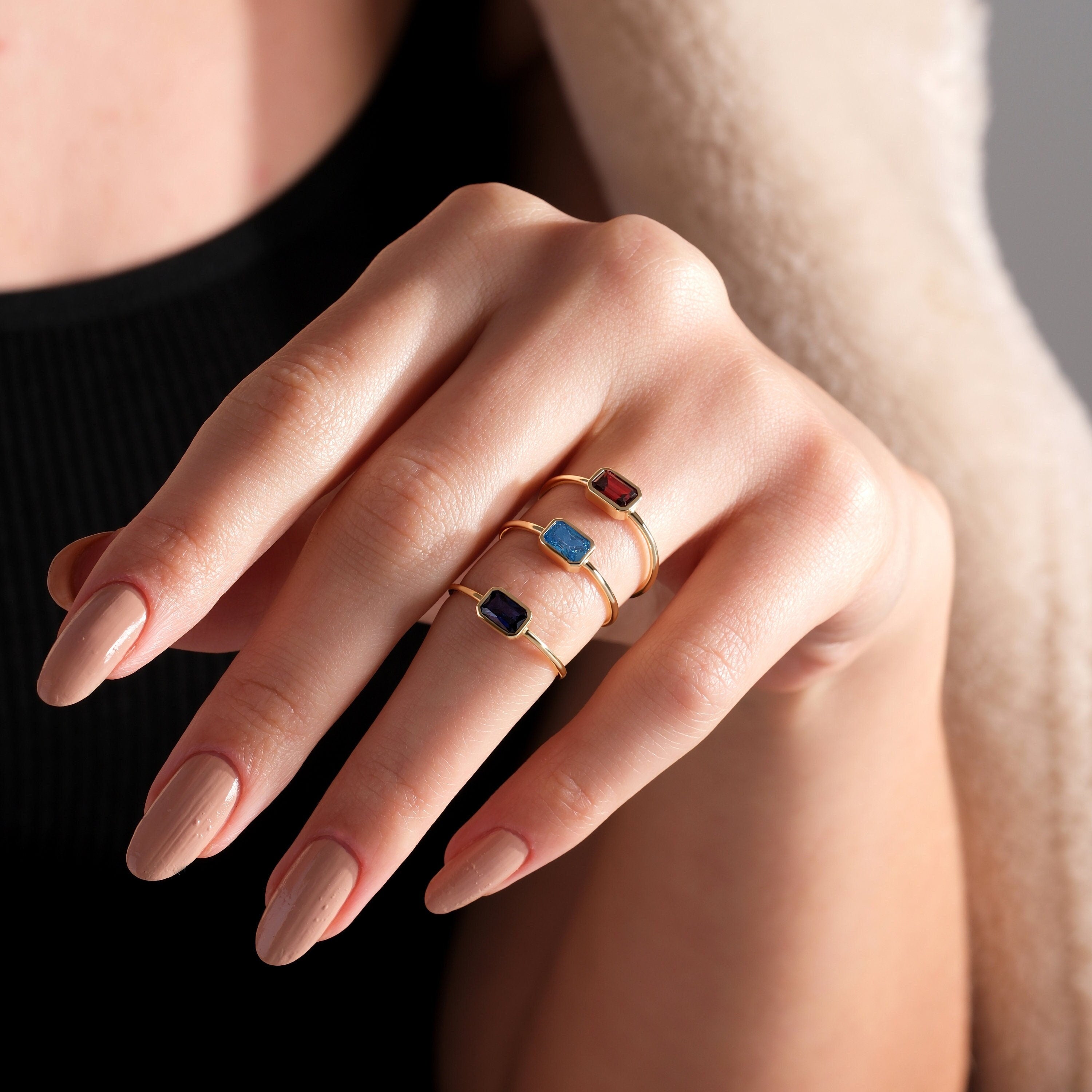 Custom Birthstone Ring Solid Gold Emerald Bezel