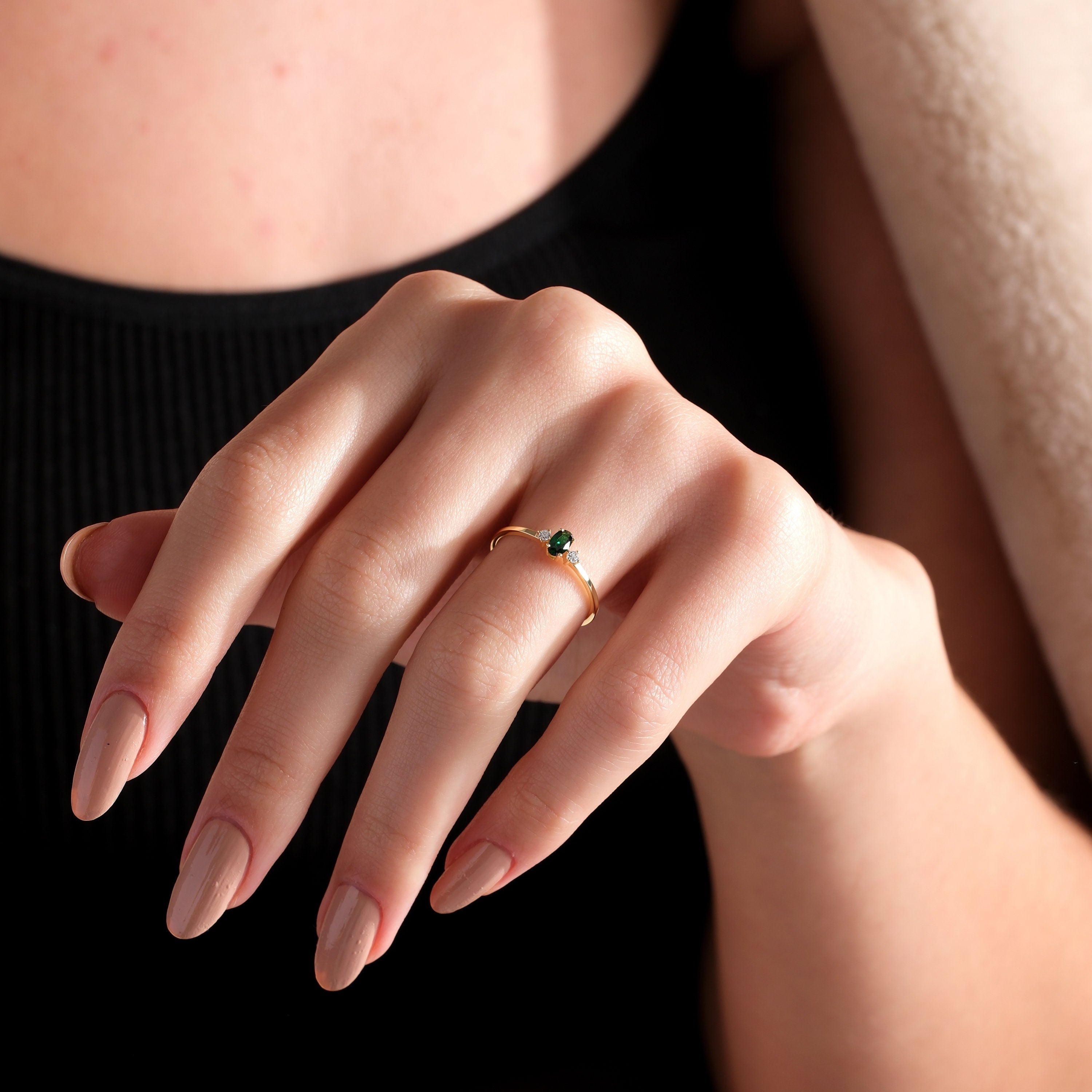 Solid Gold Emerald Ring Dainty Three Stone Stacking