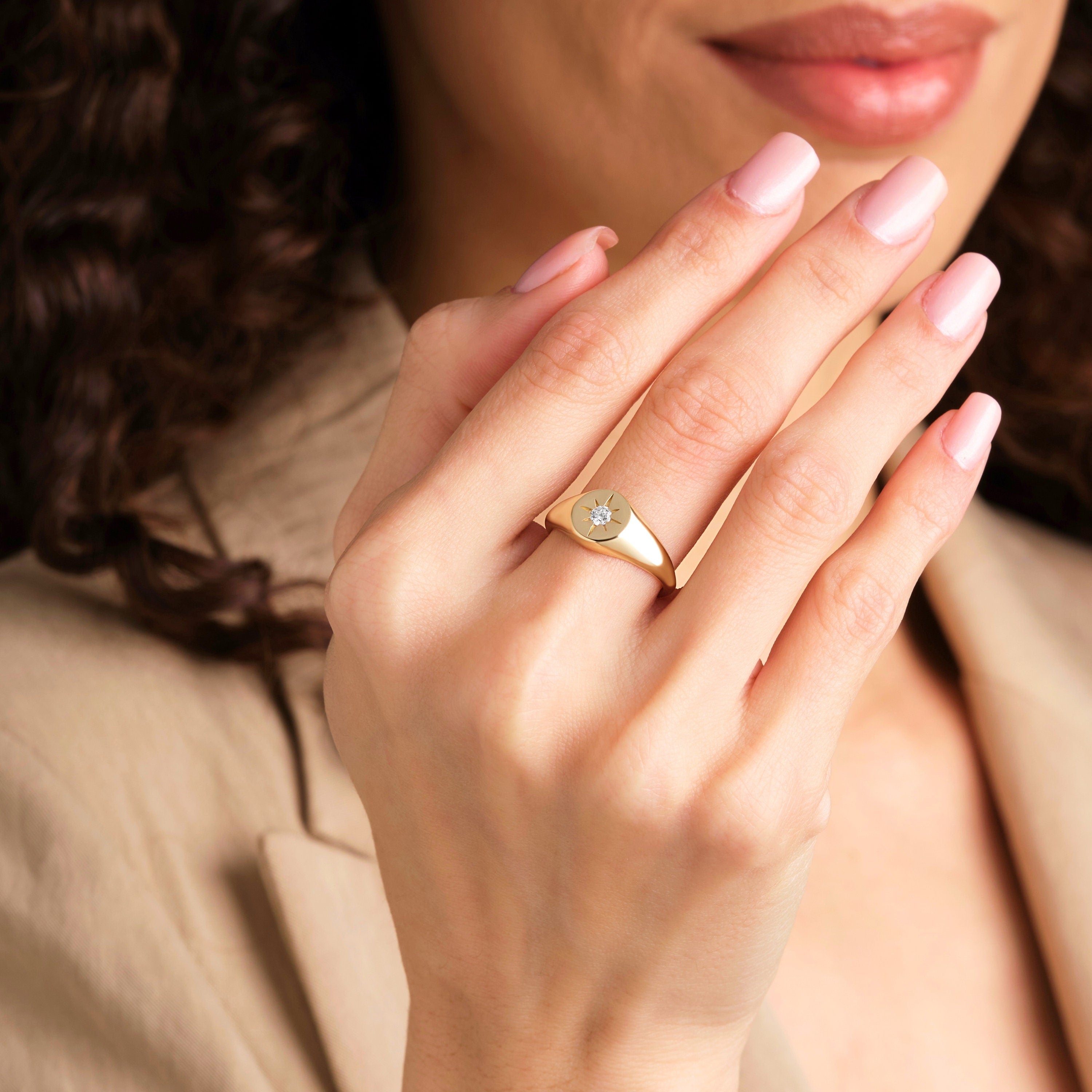 14K Gold Signet Ring Dainty Starburst Pinky