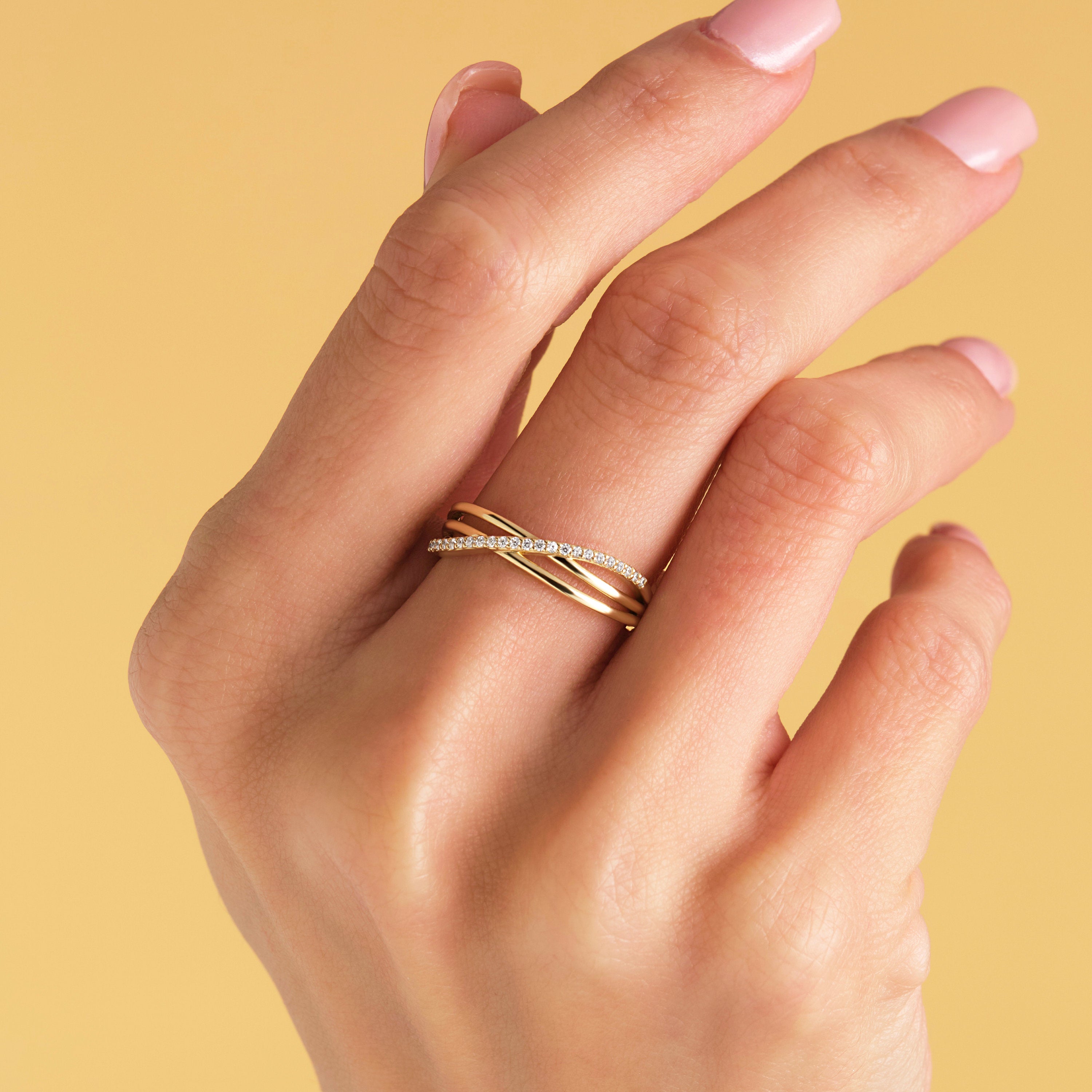 Solid Gold Triple Ring Pave Diamond Band