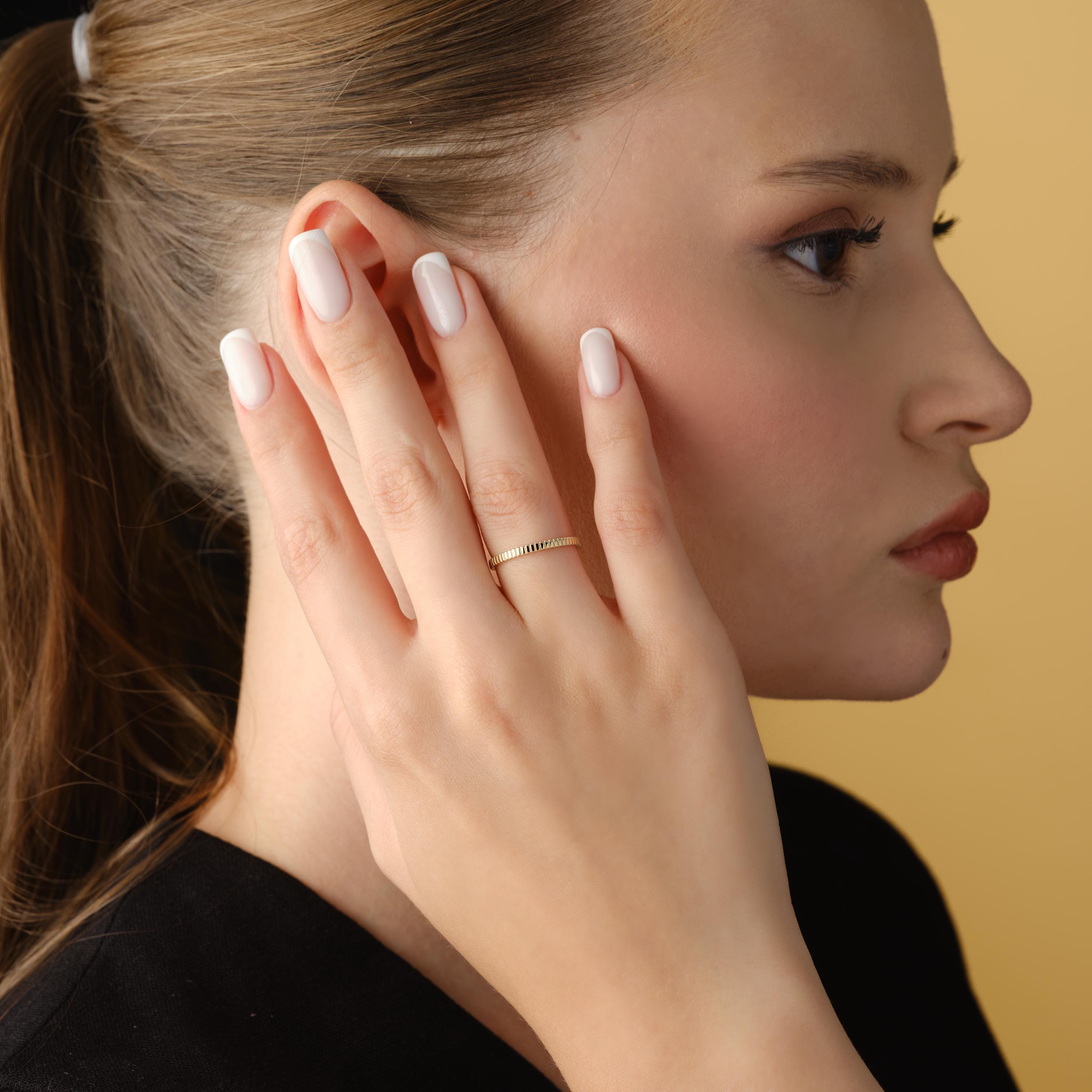 14K Gold Wedding Band Textured Ribbed Ring