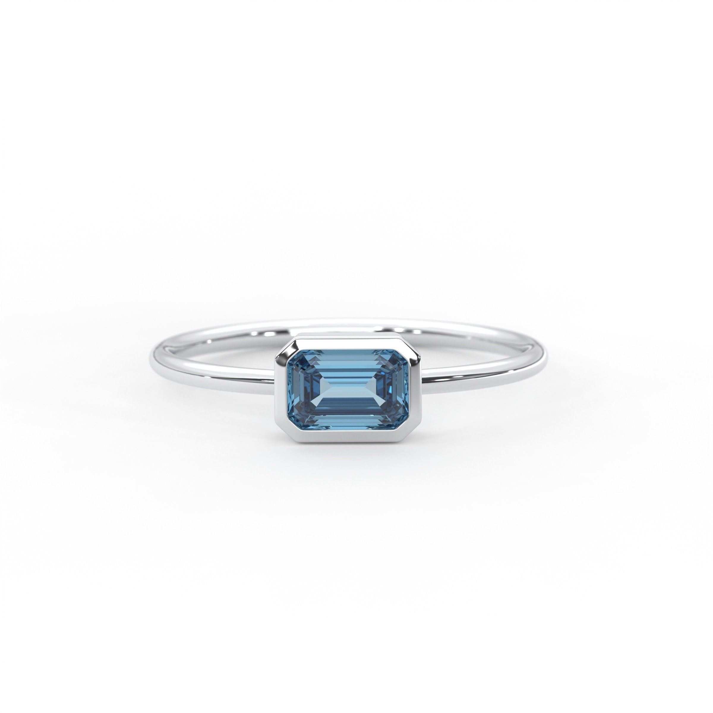 Blue Topaz Ring Bezel Set Emerald Cut Solid Gold