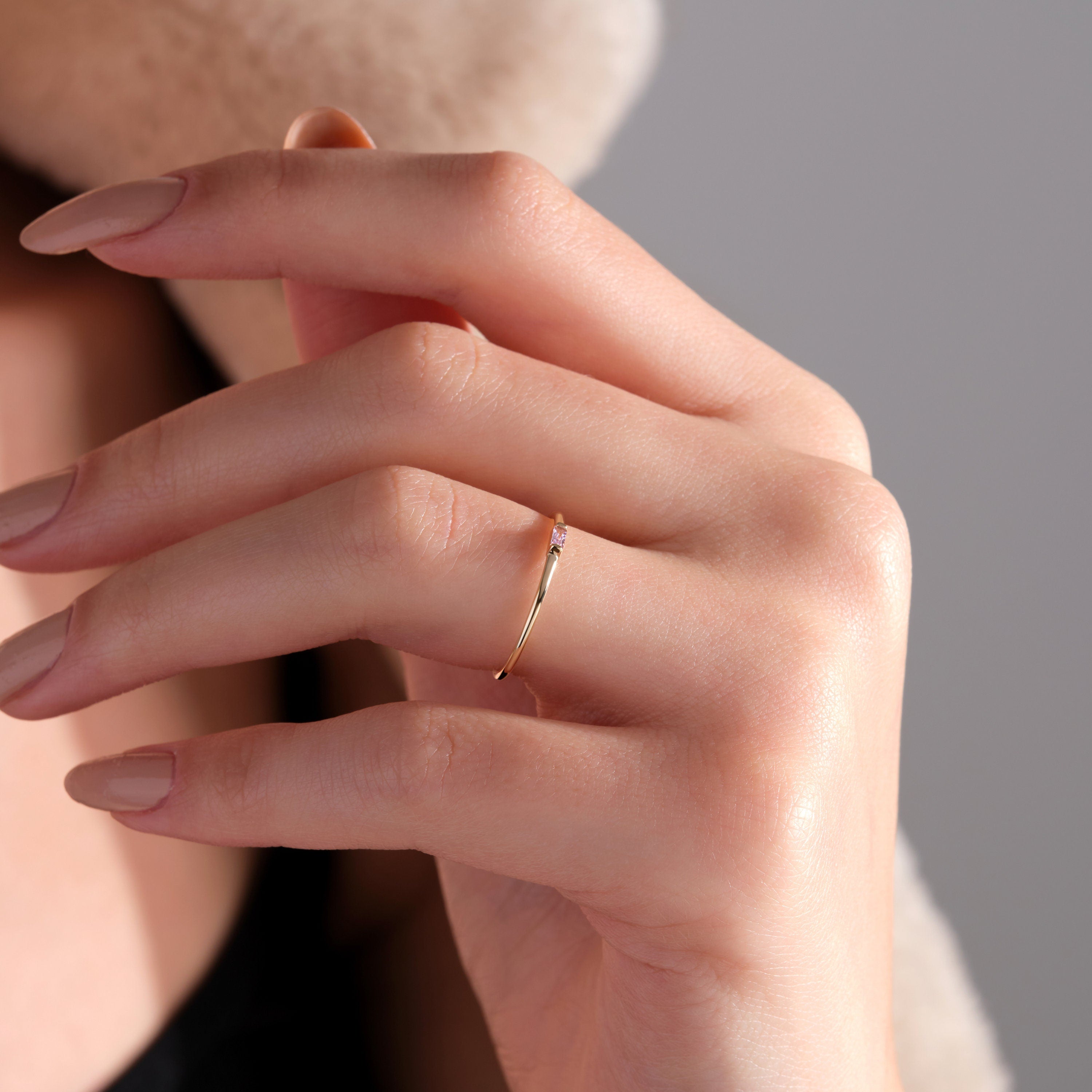Pink Baguette Ring Personalized Birthstone Gold Band