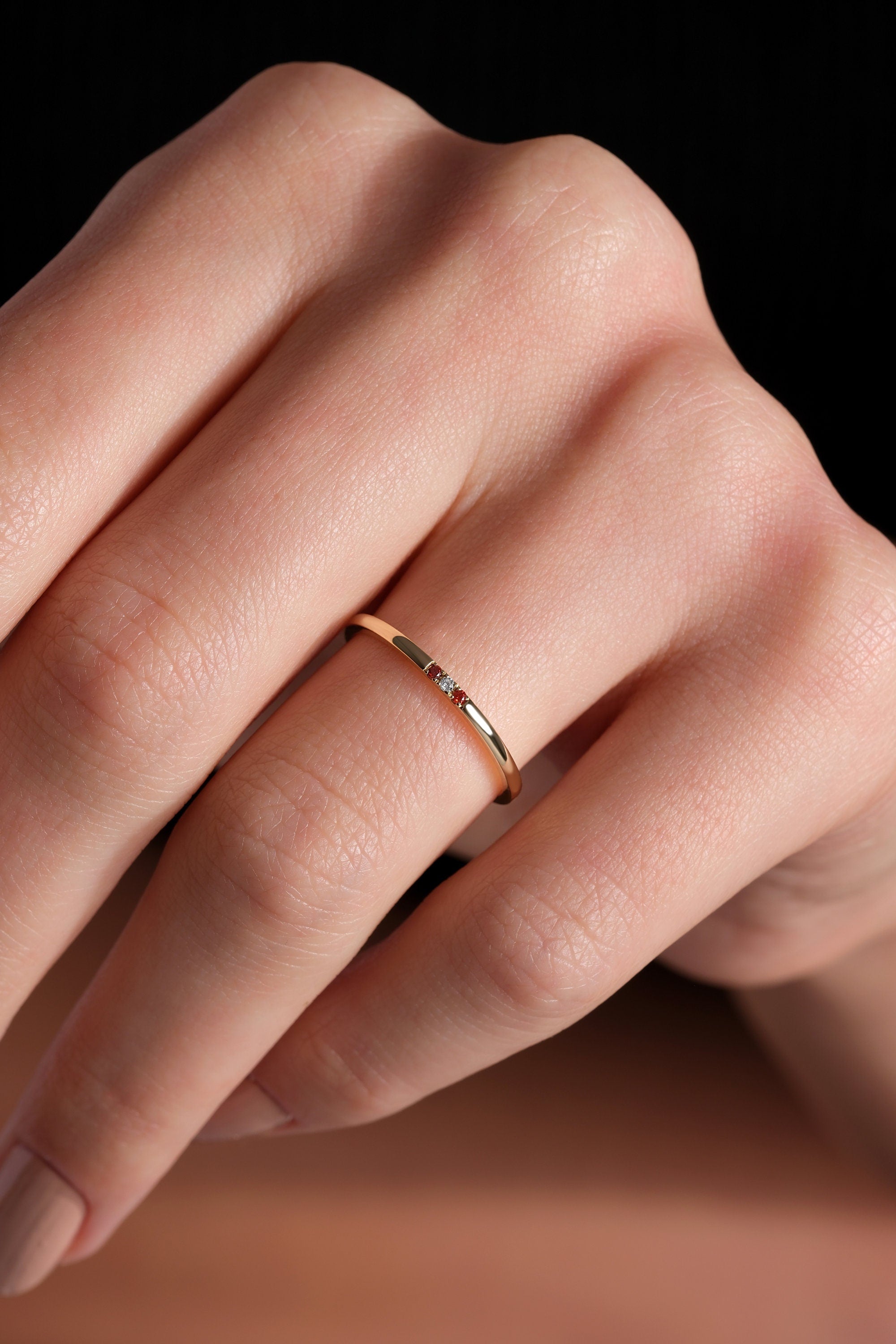 Minimalist Garnet Ring Delicate Gold Band