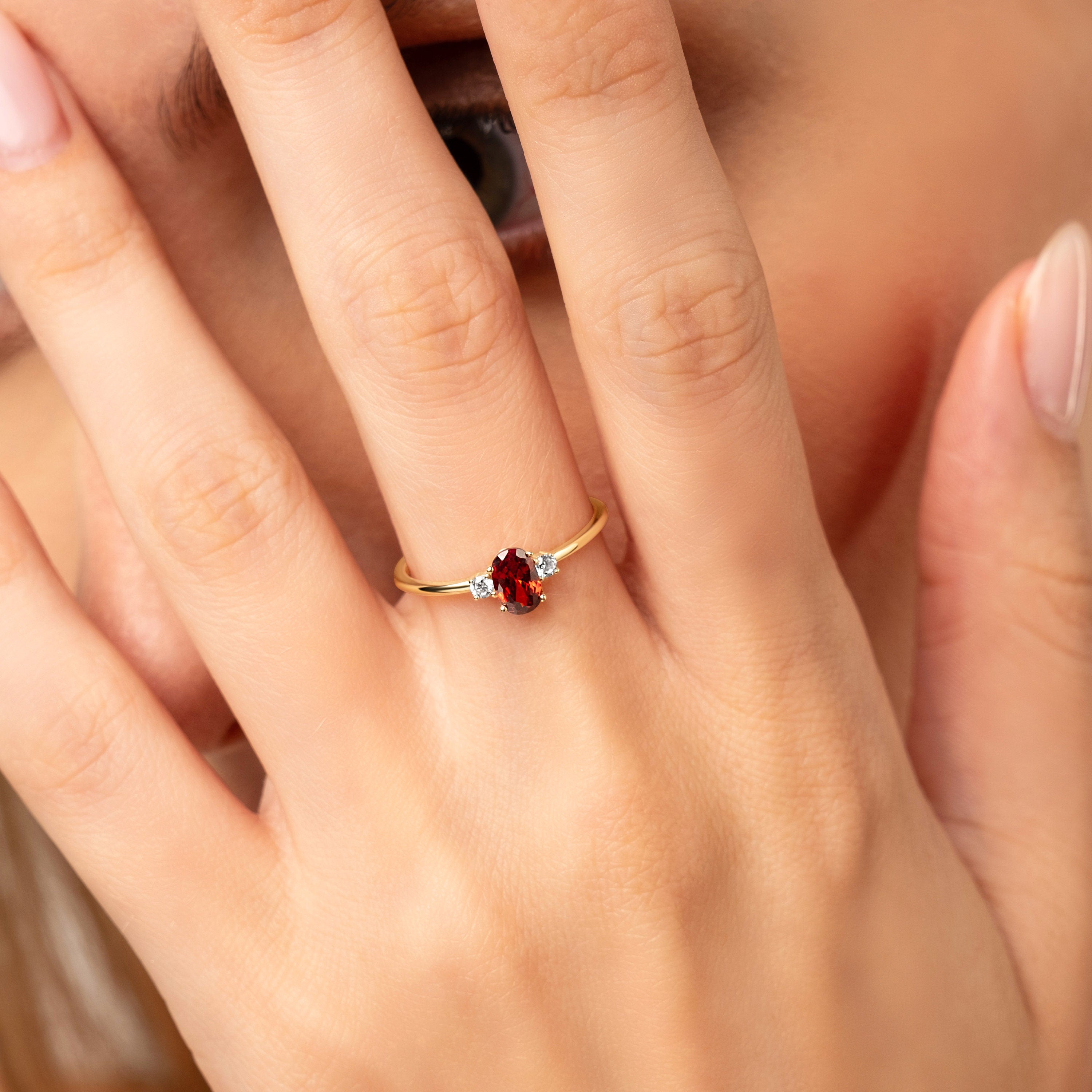 14k Gold Birthstone Ring Custom Bridal With Garnet Oval Cut