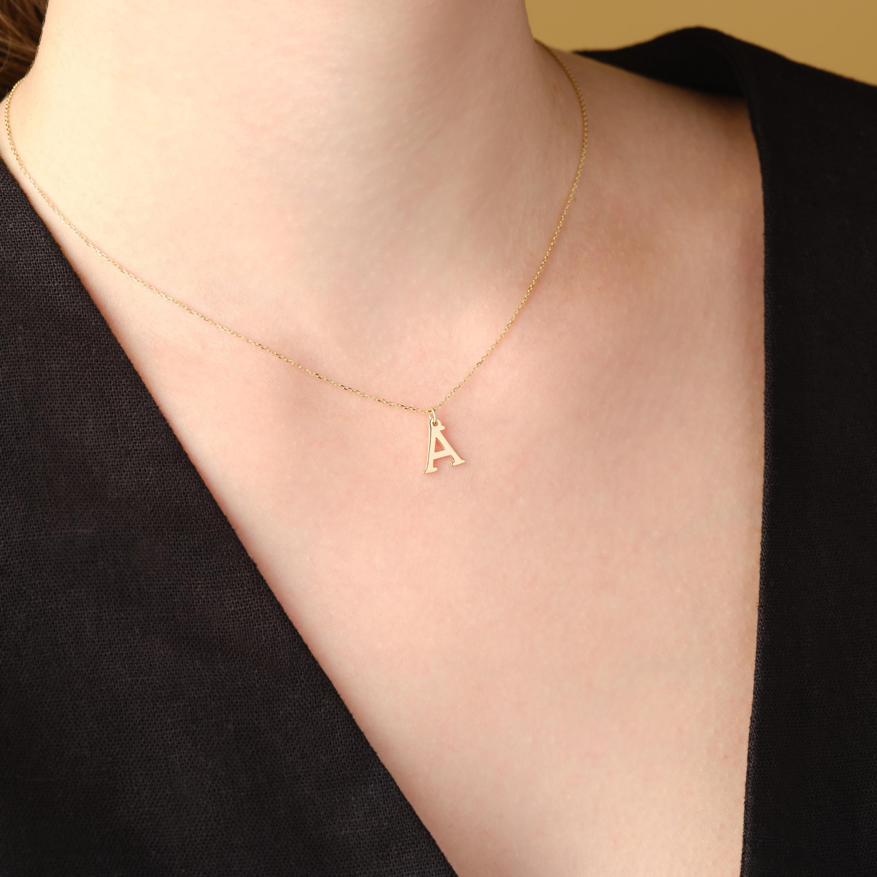 Custom A Initial Necklace Solid 14K Gold