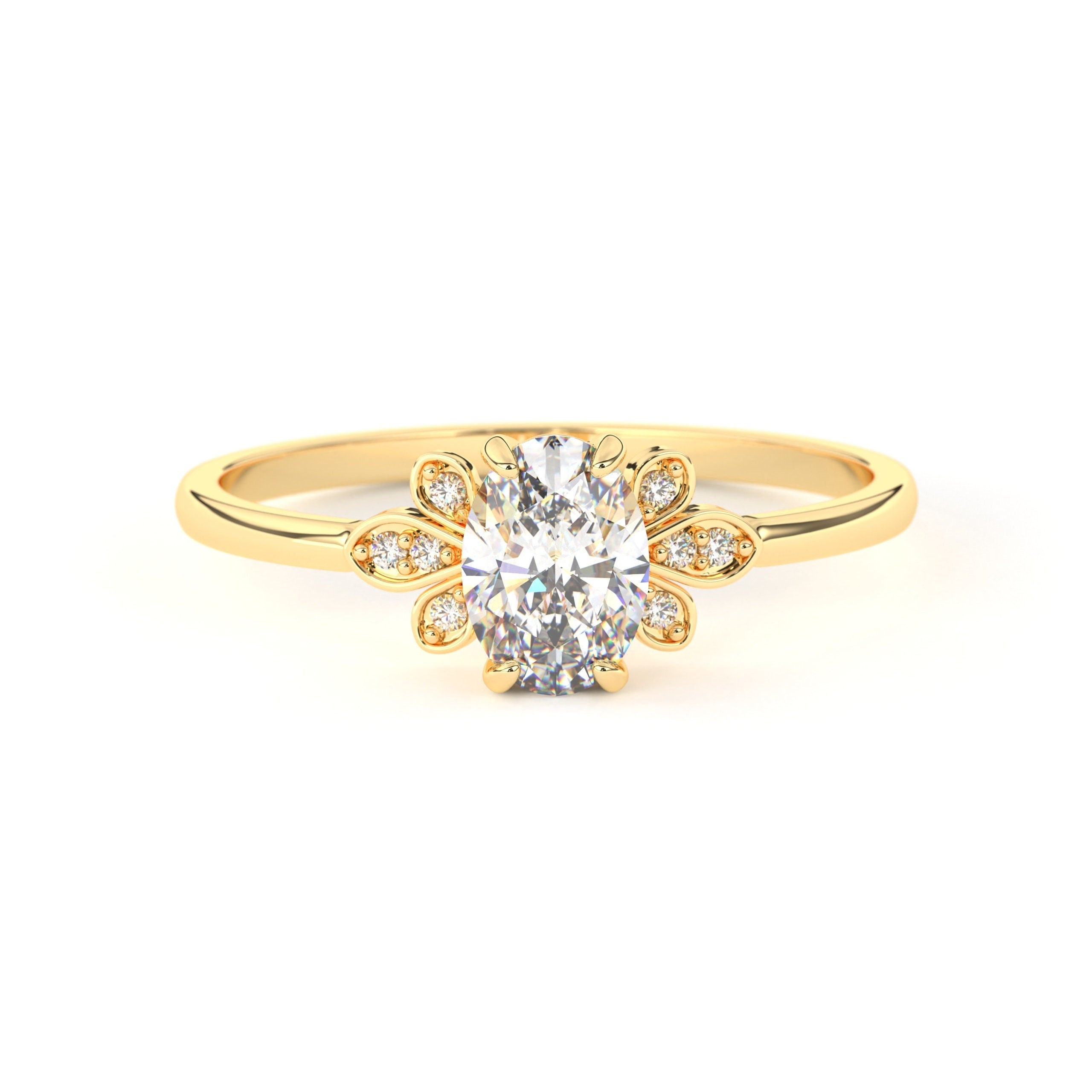 Solid Gold Floral Ring Oval Cut Diamond Cluster
