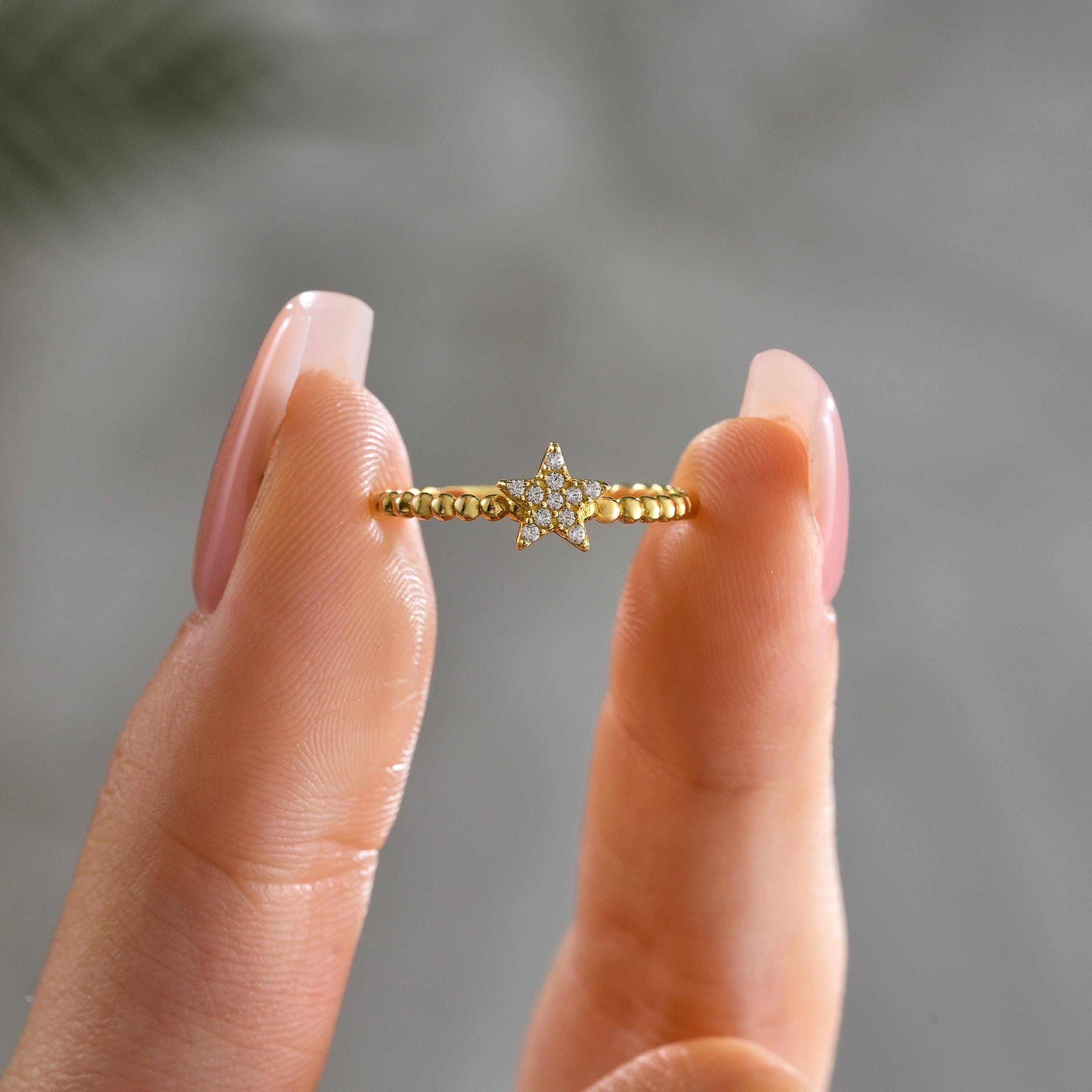 Minimal Star Ring Dainty Celestial Band With Sparkling CZ Diamonds
