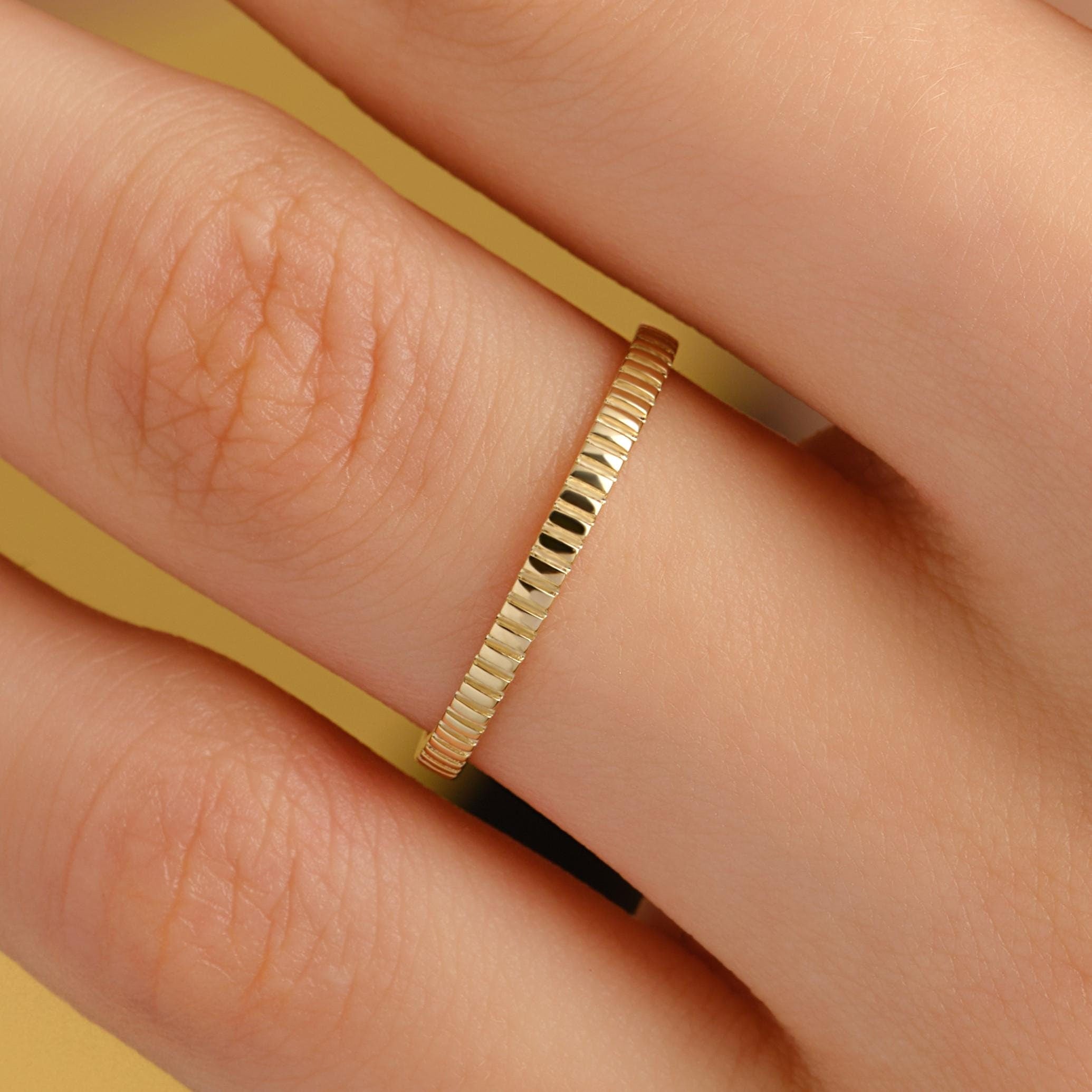 14K Gold Wedding Band Textured Ribbed Ring
