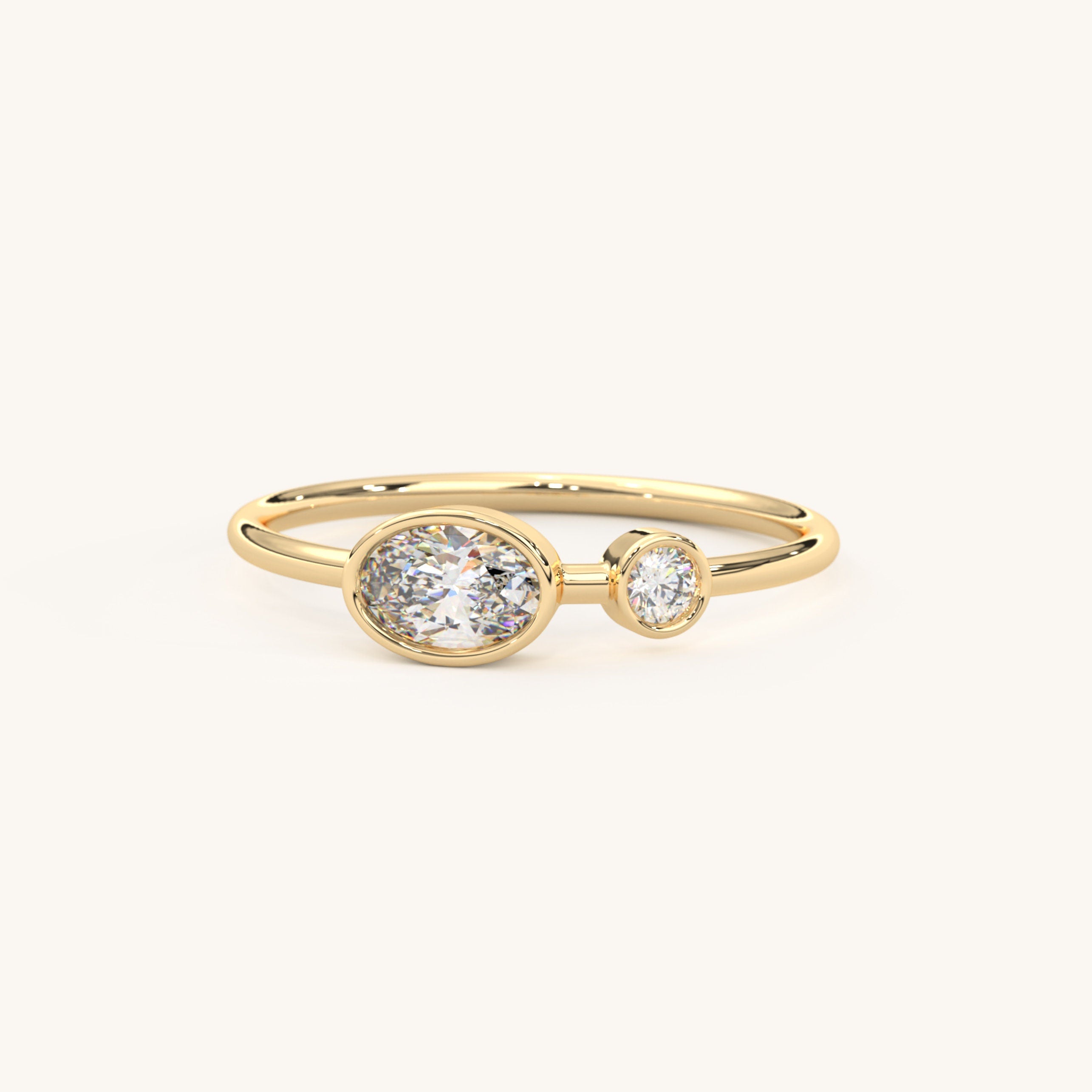 14K Gold Diamond Ring Bezel Set Oval Two Stone