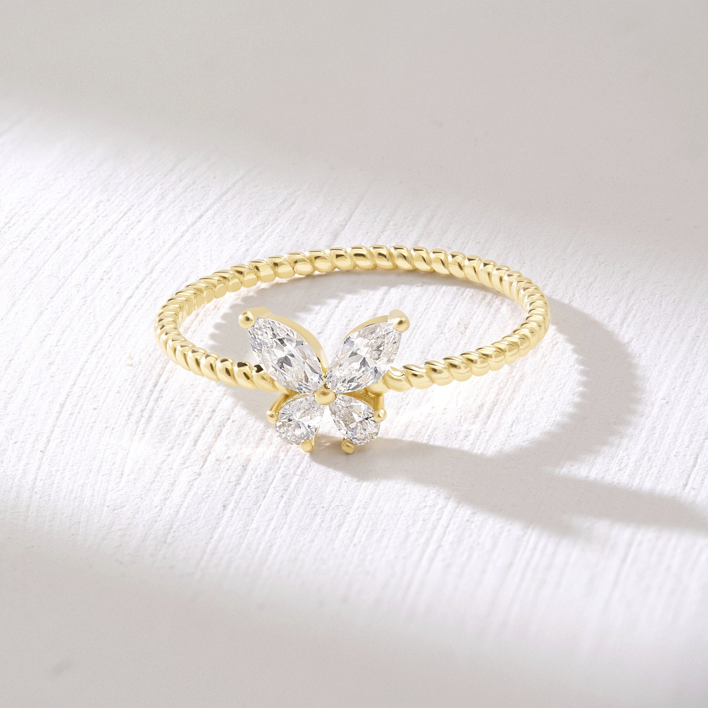 Gold Butterfly Ring Minimalist Diamond Band
