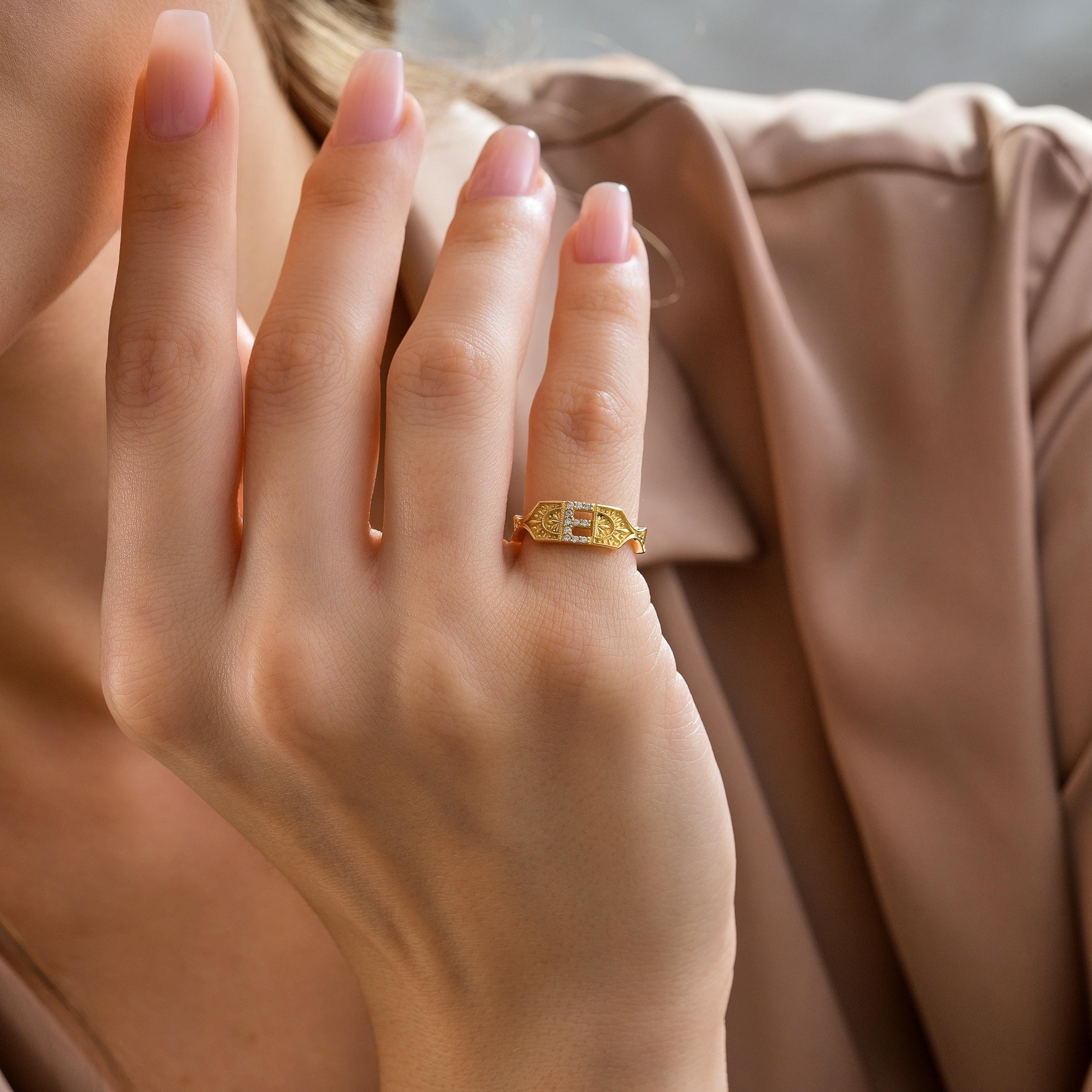 solid gold diamond e initial signet ring