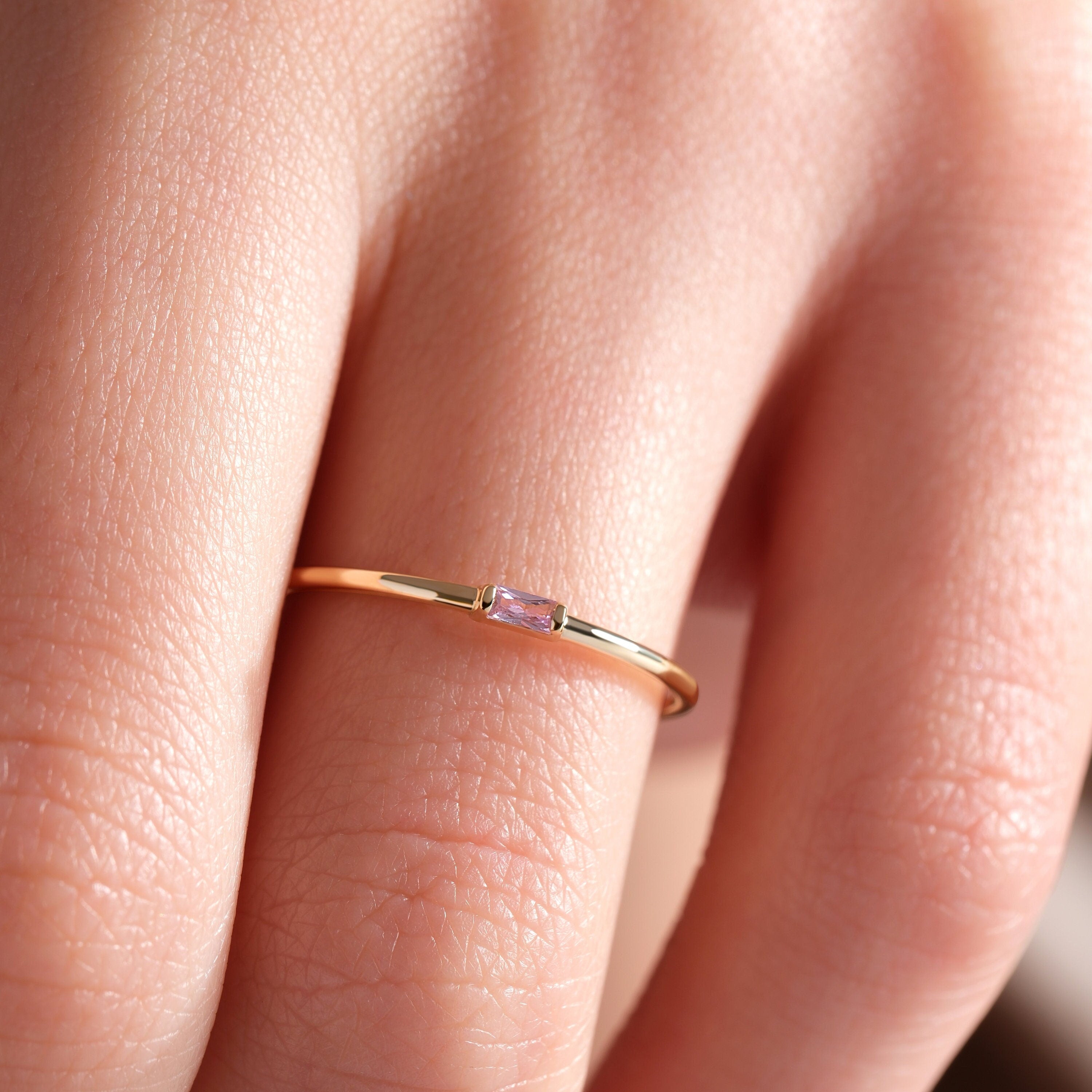 Pink Baguette Ring Personalized Birthstone Gold Band