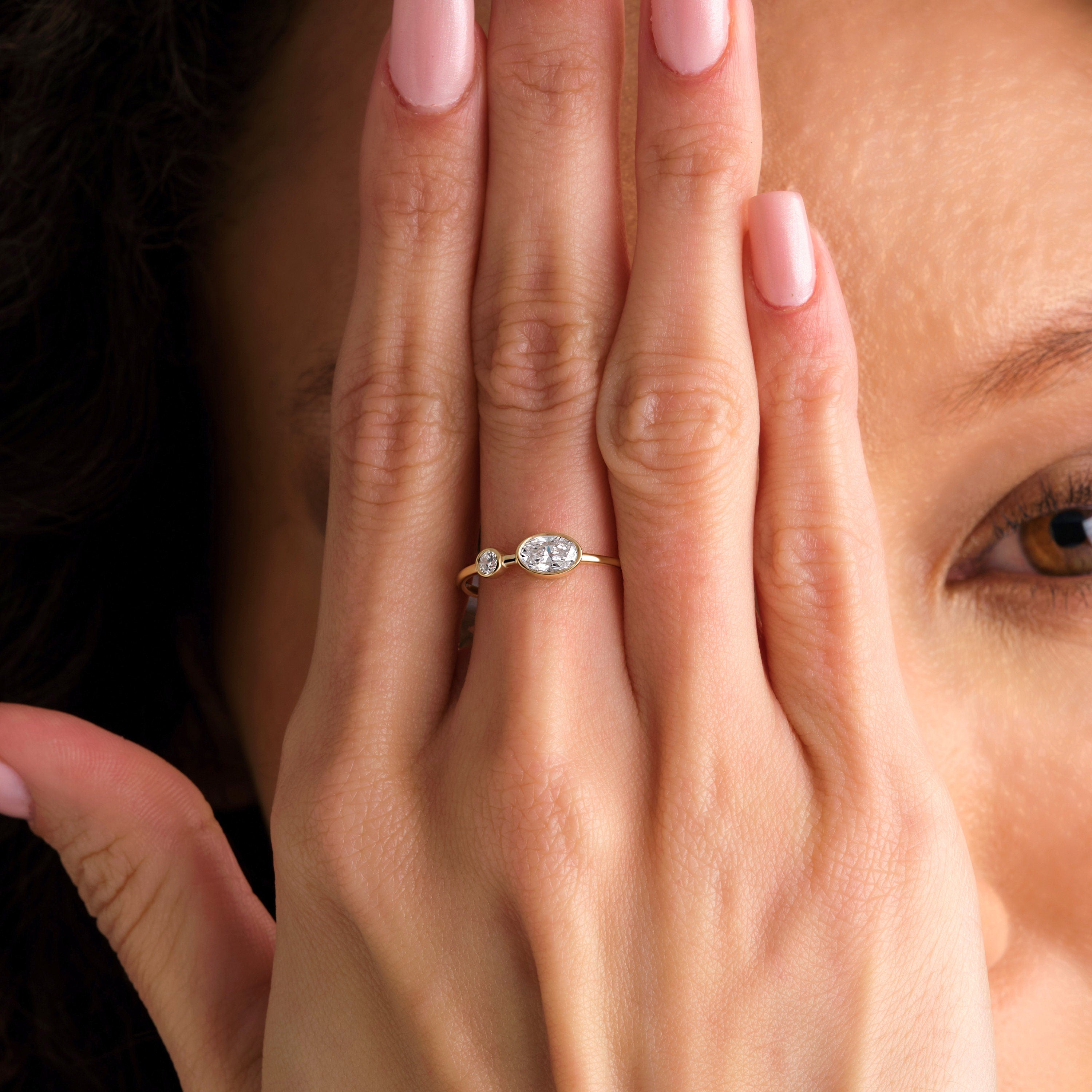 14K Gold Diamond Ring Bezel Set Oval Two Stone