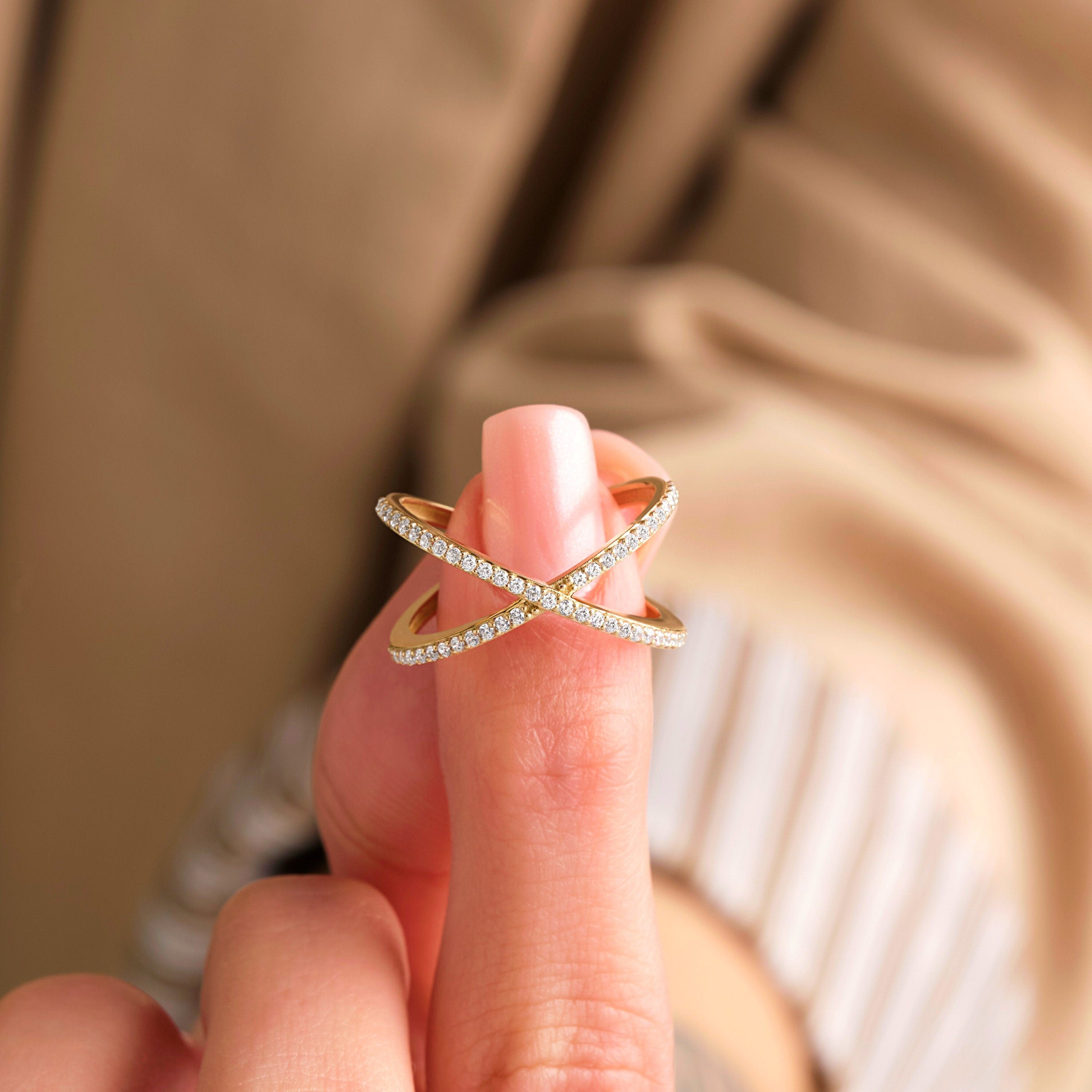 Handmade Solid Gold Criss Cross Band with Diamonds