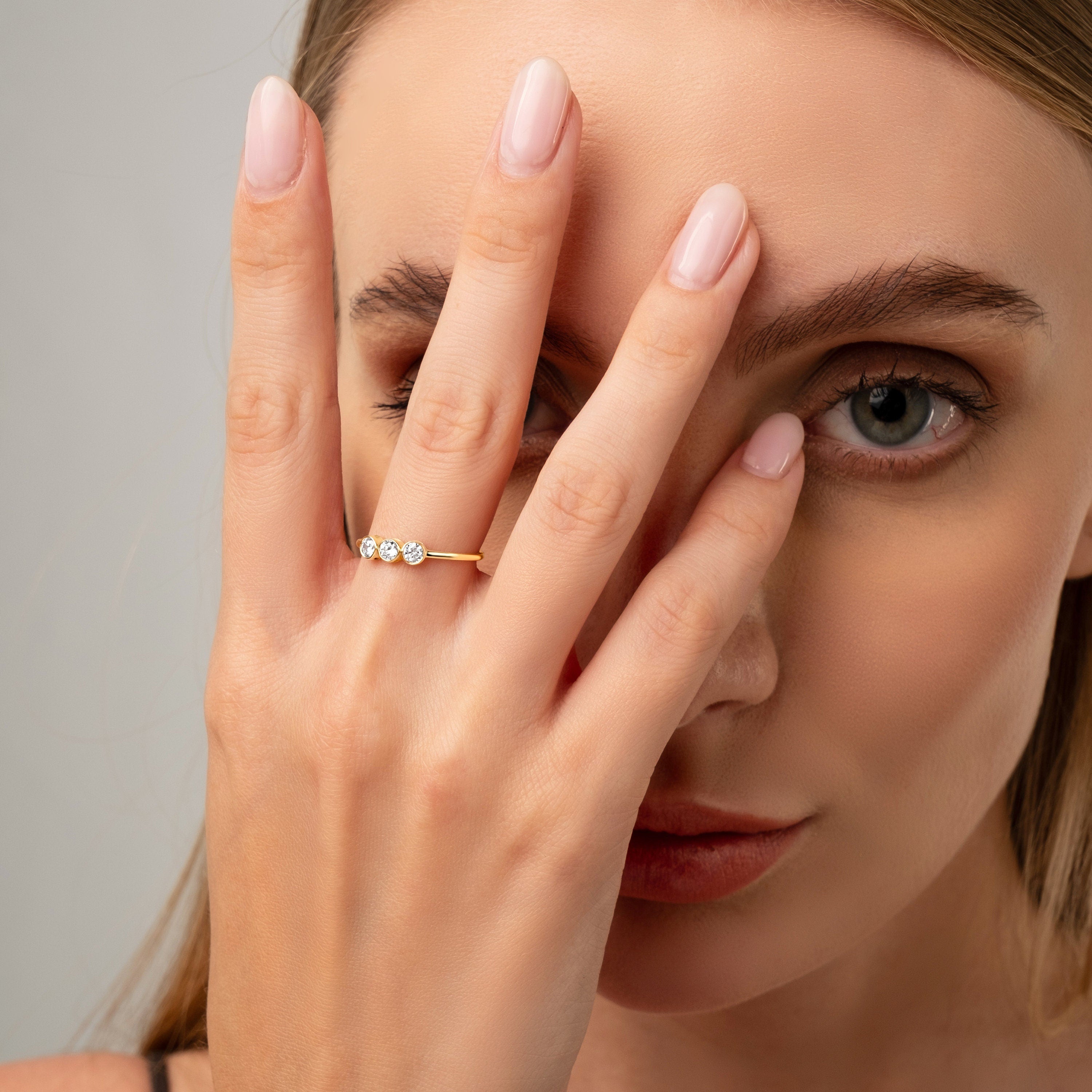 Solid Gold Bezel Set Three Stone Engagement Ring