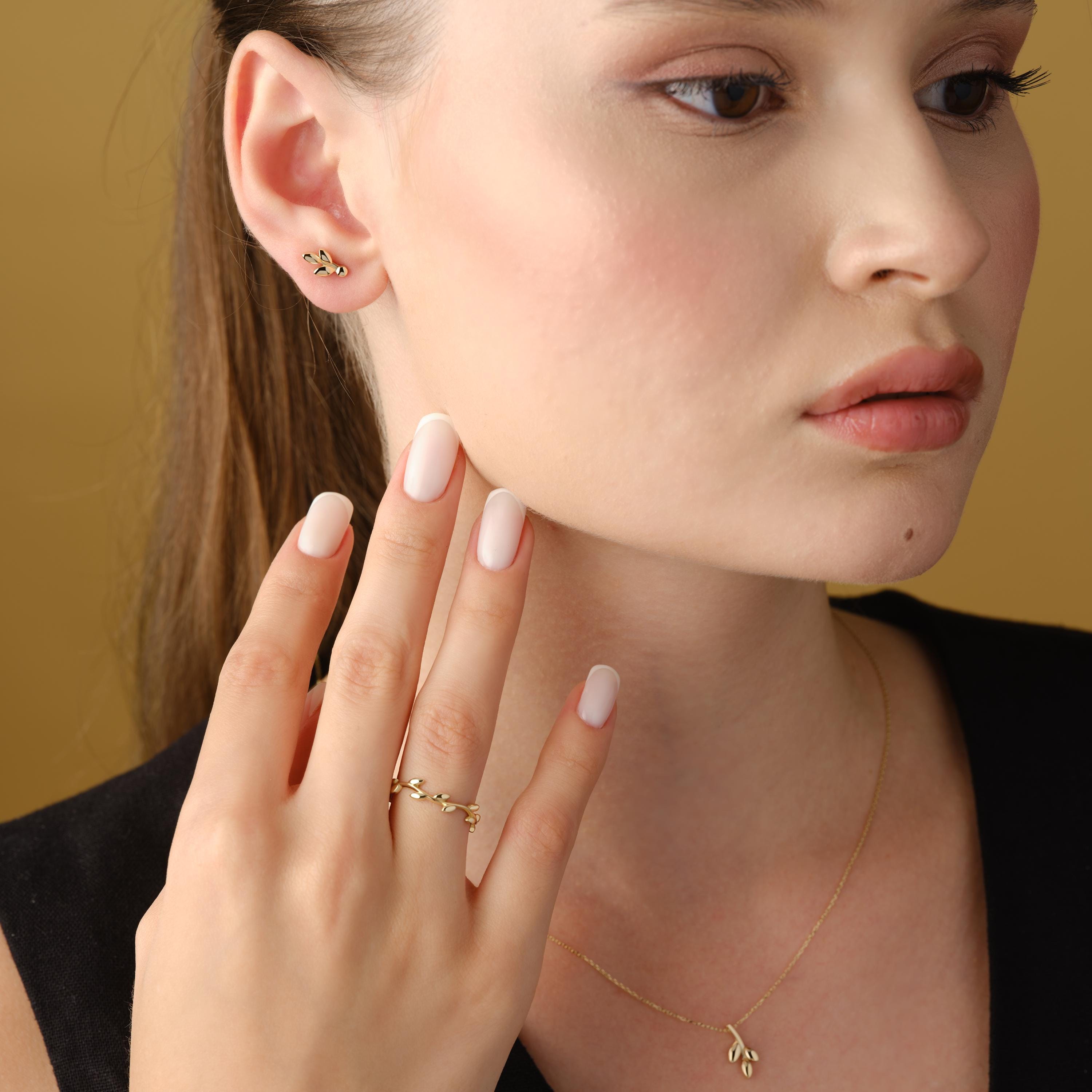 Solid Gold Olive Branch Design Stud Earrings
