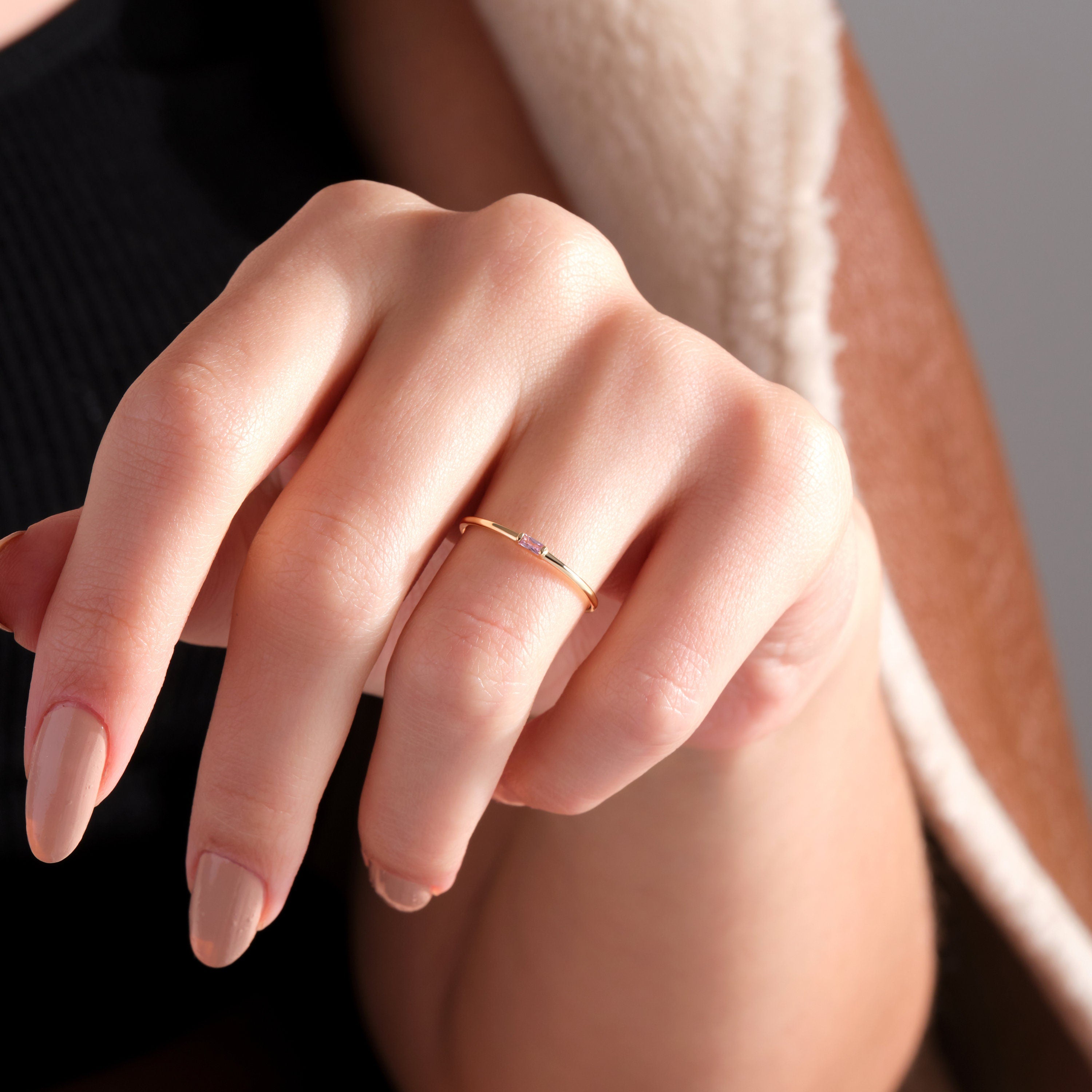 Pink Baguette Ring Personalized Birthstone Gold Band